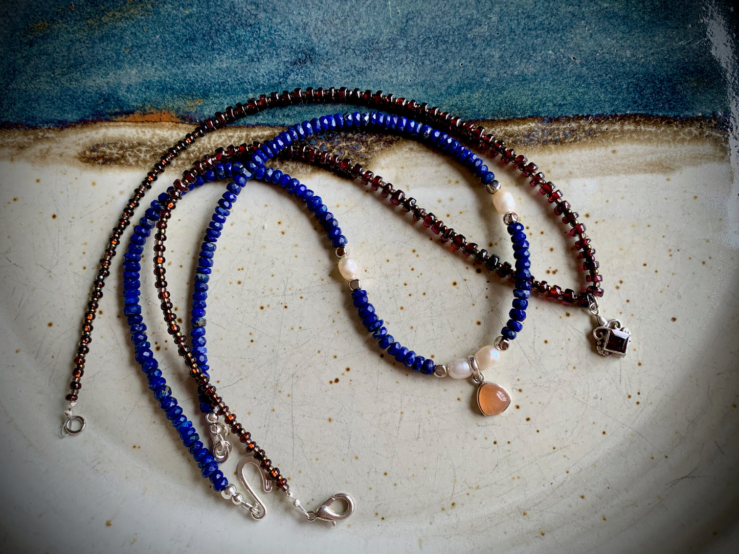 Lapis Lazuli, Peach Moonstone, and Freshwater Pearl Choker Necklace