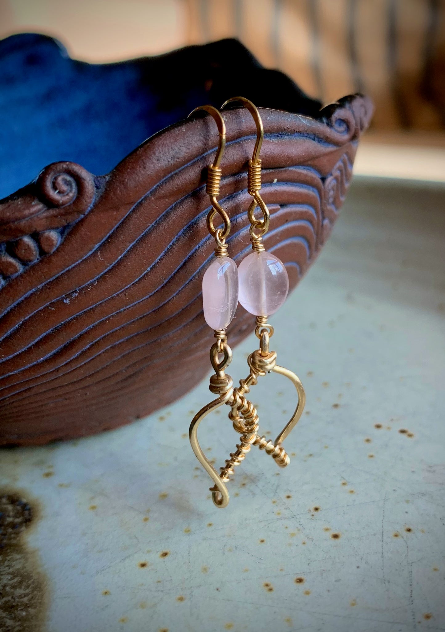 Primavera Earrings - Rose Quartz and Gold Wire Leaf with Spiral Wrap Detail