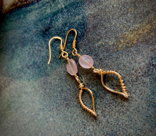 Primavera Earrings - Rose Quartz and Gold Wire Leaf with Spiral Wrap Detail