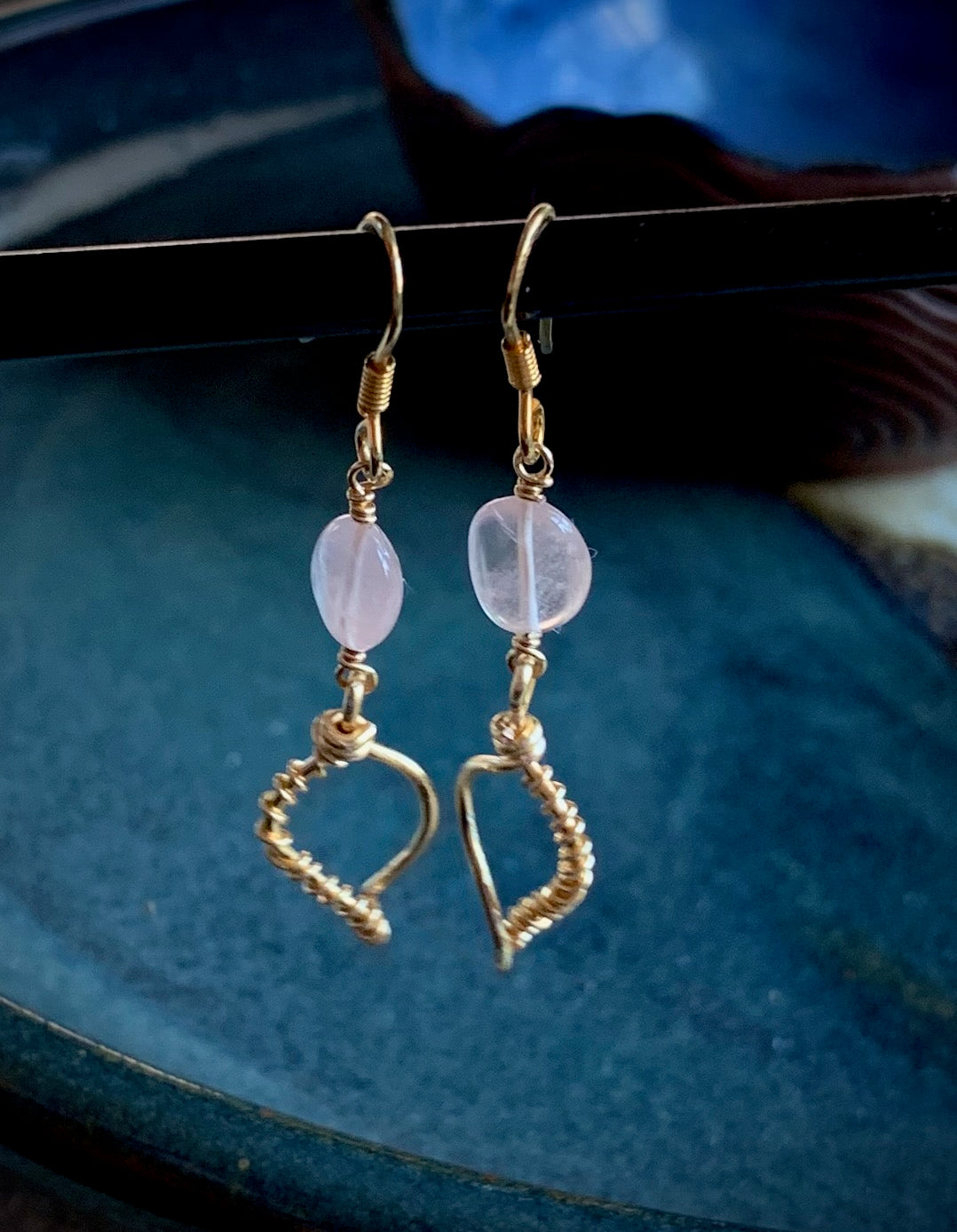 Primavera Earrings - Rose Quartz and Gold Wire Leaf with Spiral Wrap Detail