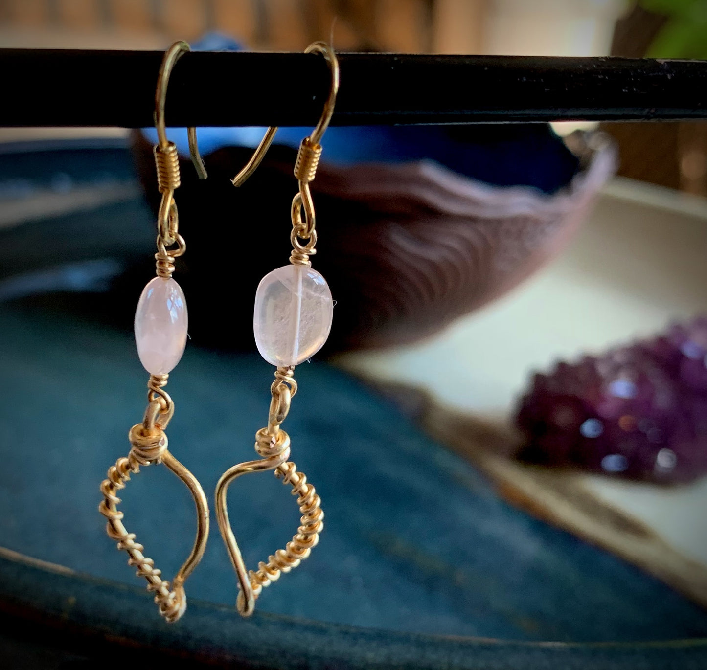 Primavera Earrings - Rose Quartz and Gold Wire Leaf with Spiral Wrap Detail