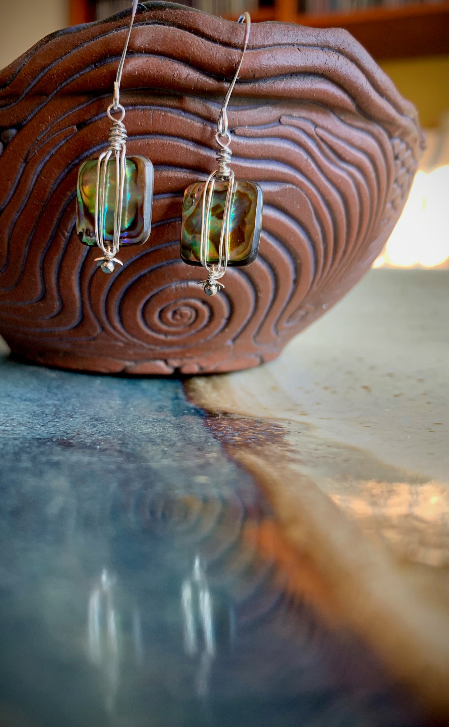 Caracol Earrings - Square Wire-Wrapped Abalone