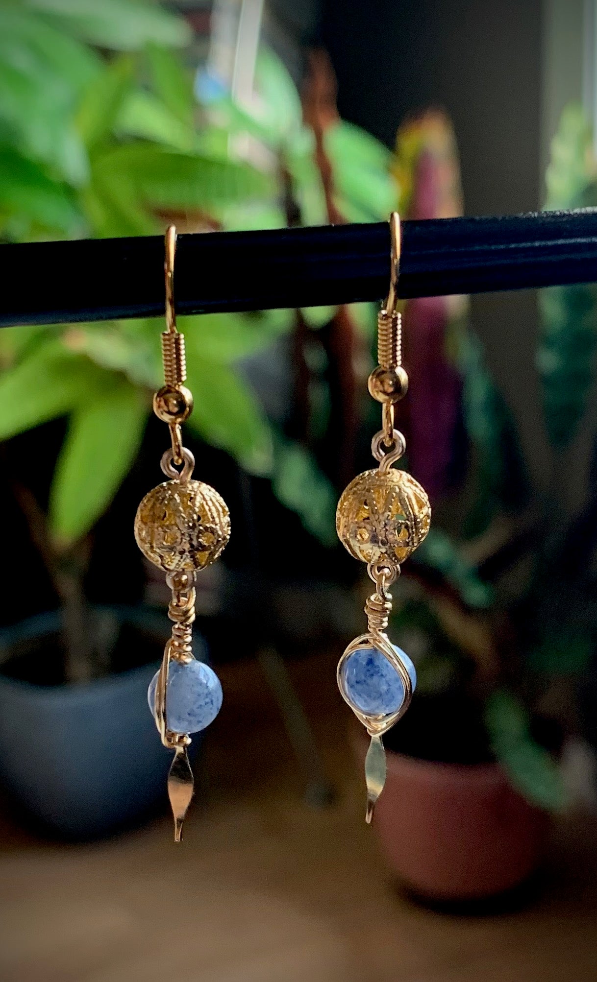 Blue Aventurine Gold Wire-Wrapped Earrings