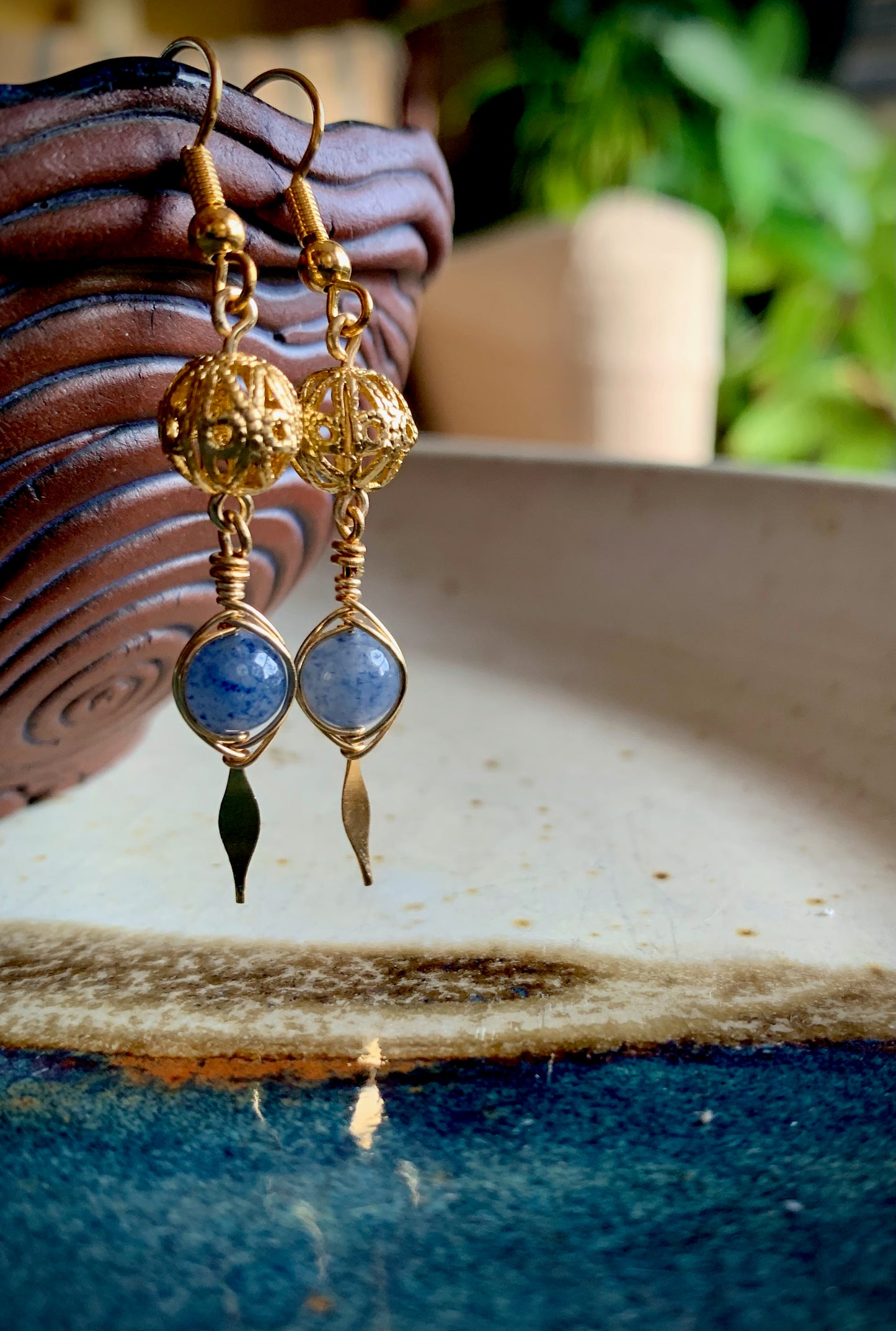 Blue Aventurine Gold Wire-Wrapped Earrings