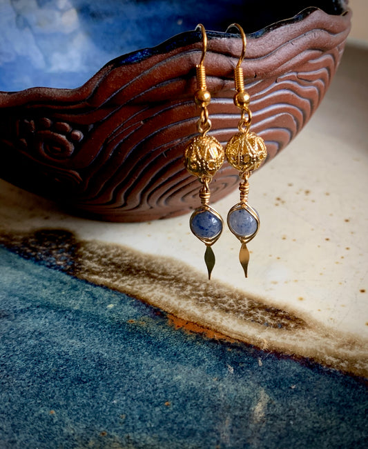 Blue Aventurine Gold Wire-Wrapped Earrings