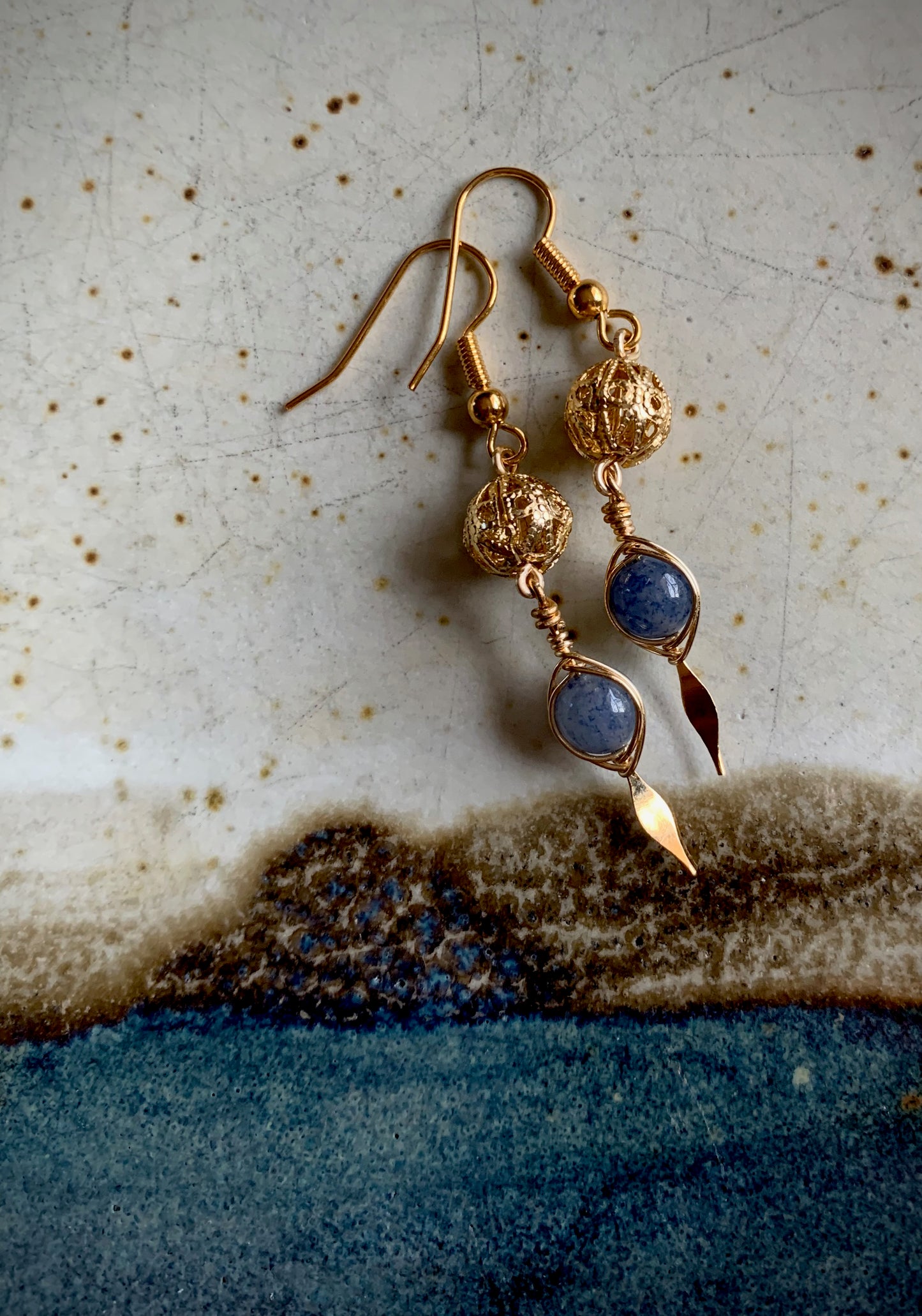 Blue Aventurine Gold Wire-Wrapped Earrings