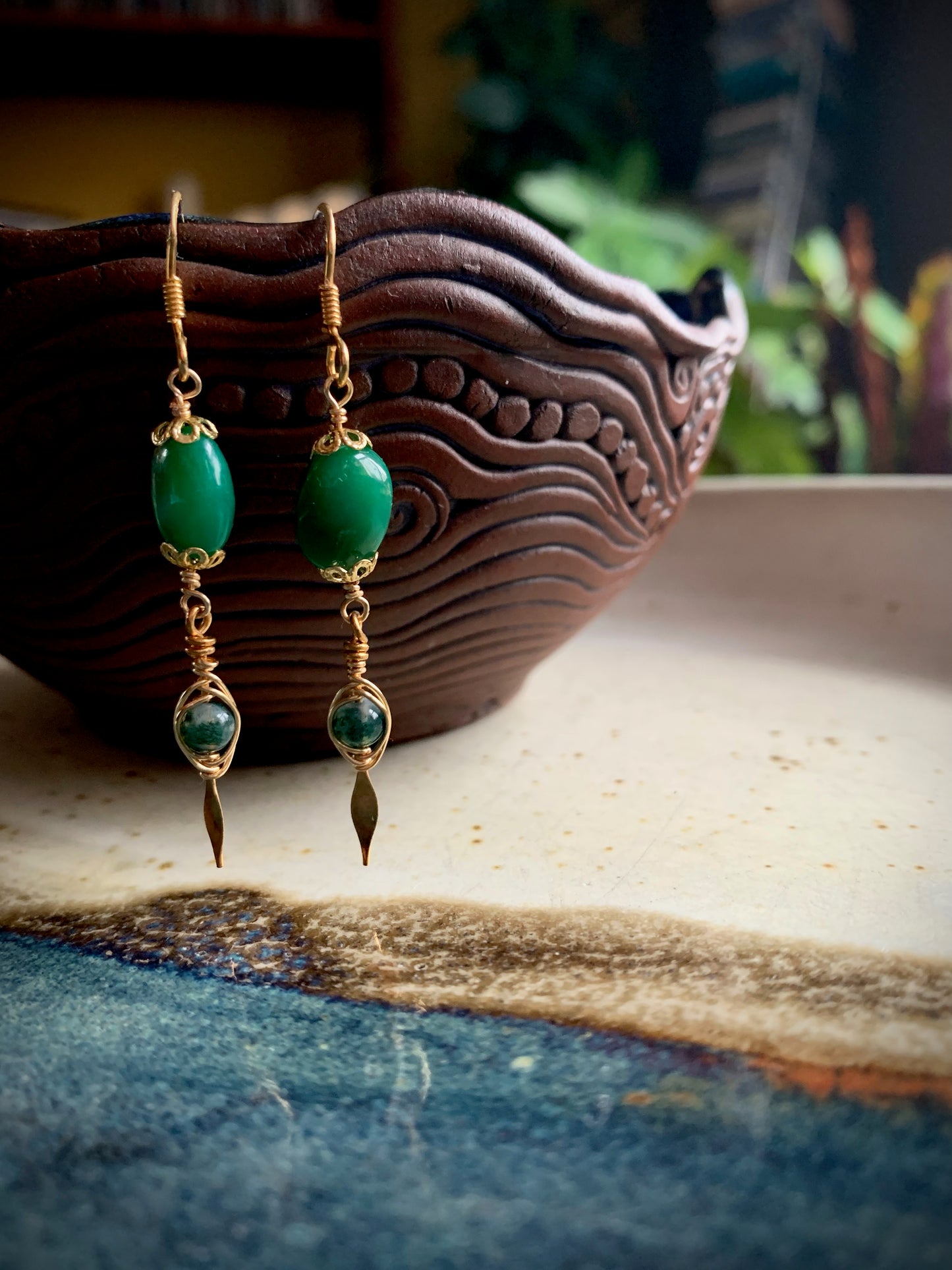 Jade and Fluorite Gold Wire-wrapped Earrings