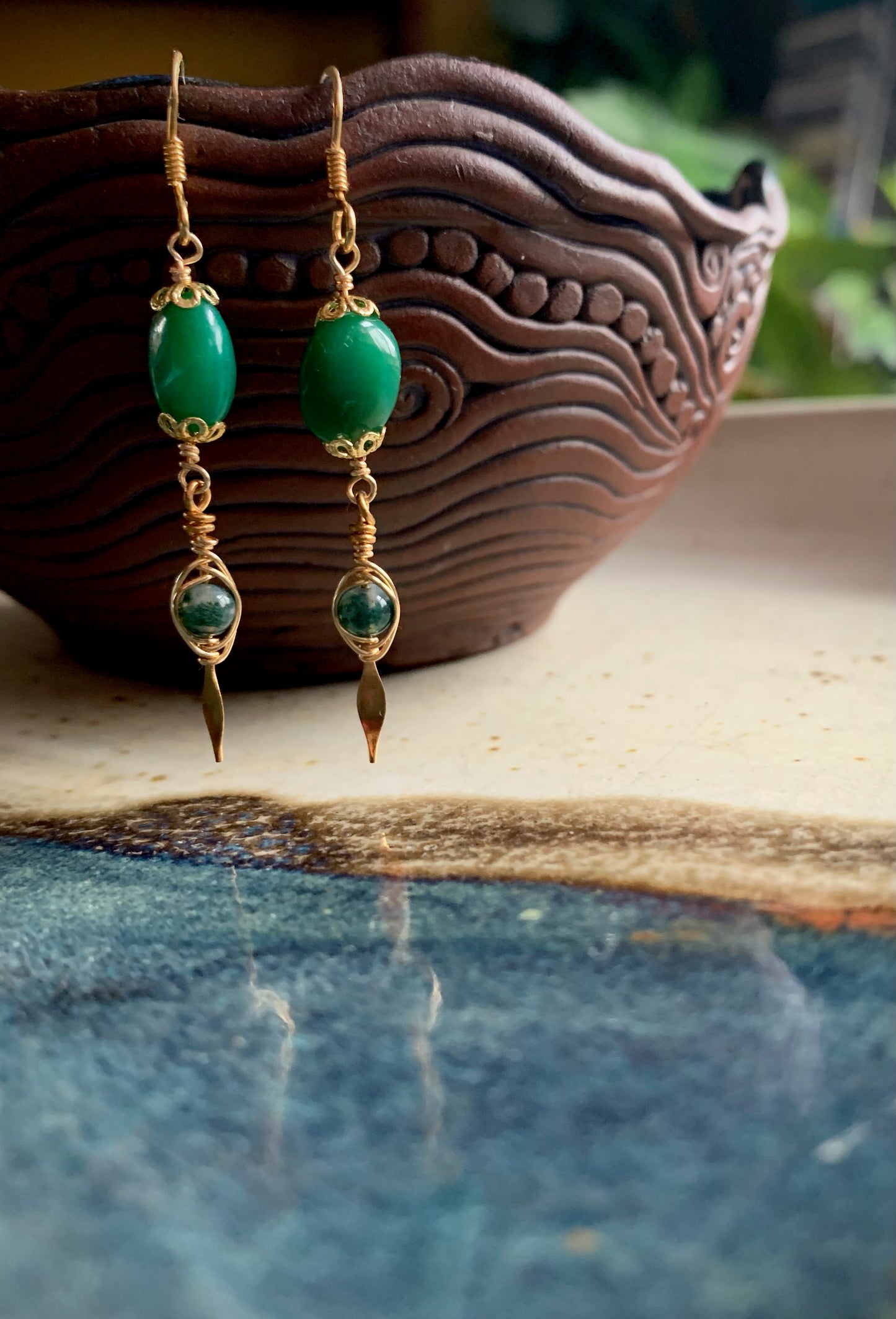 Jade and Fluorite Gold Wire-wrapped Earrings