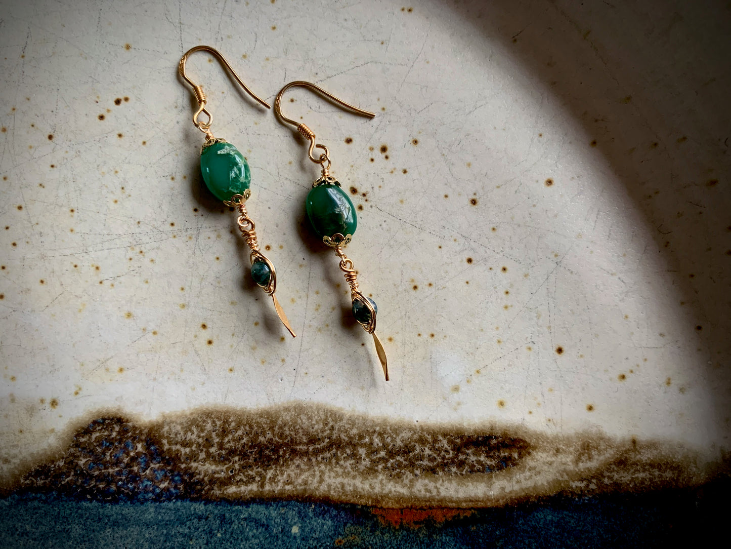 Jade and Fluorite Gold Wire-wrapped Earrings