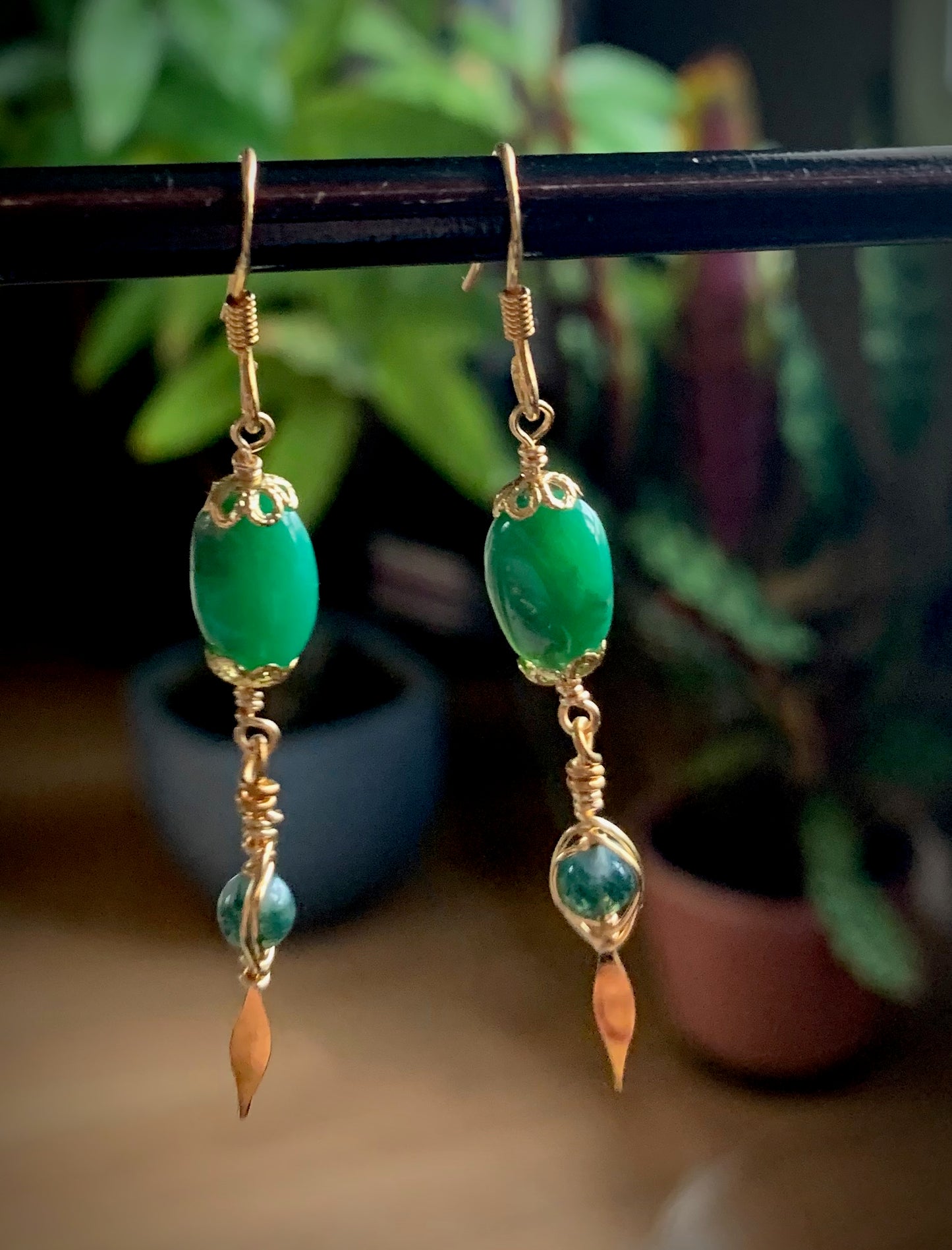 Jade and Fluorite Gold Wire-wrapped Earrings