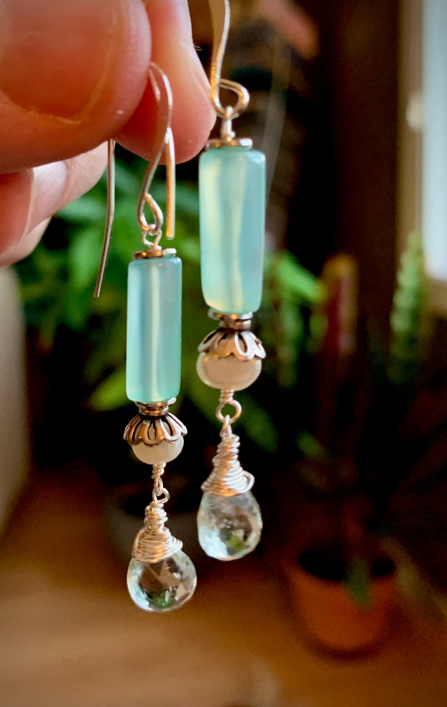 Cielo Earrings - Blue Chalcedony, Pearl, and Aquamarine