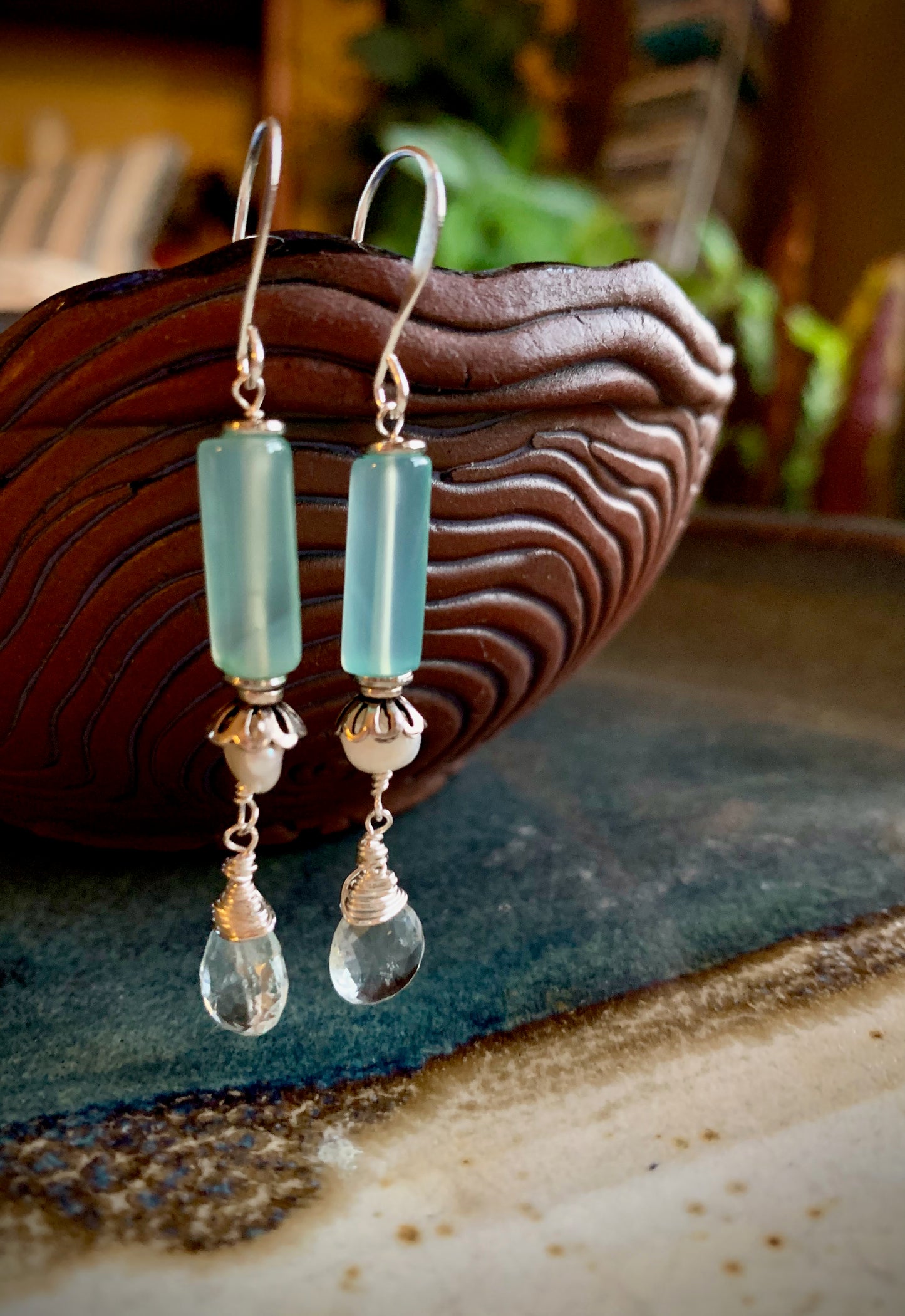 Cielo Earrings - Blue Chalcedony, Pearl, and Aquamarine