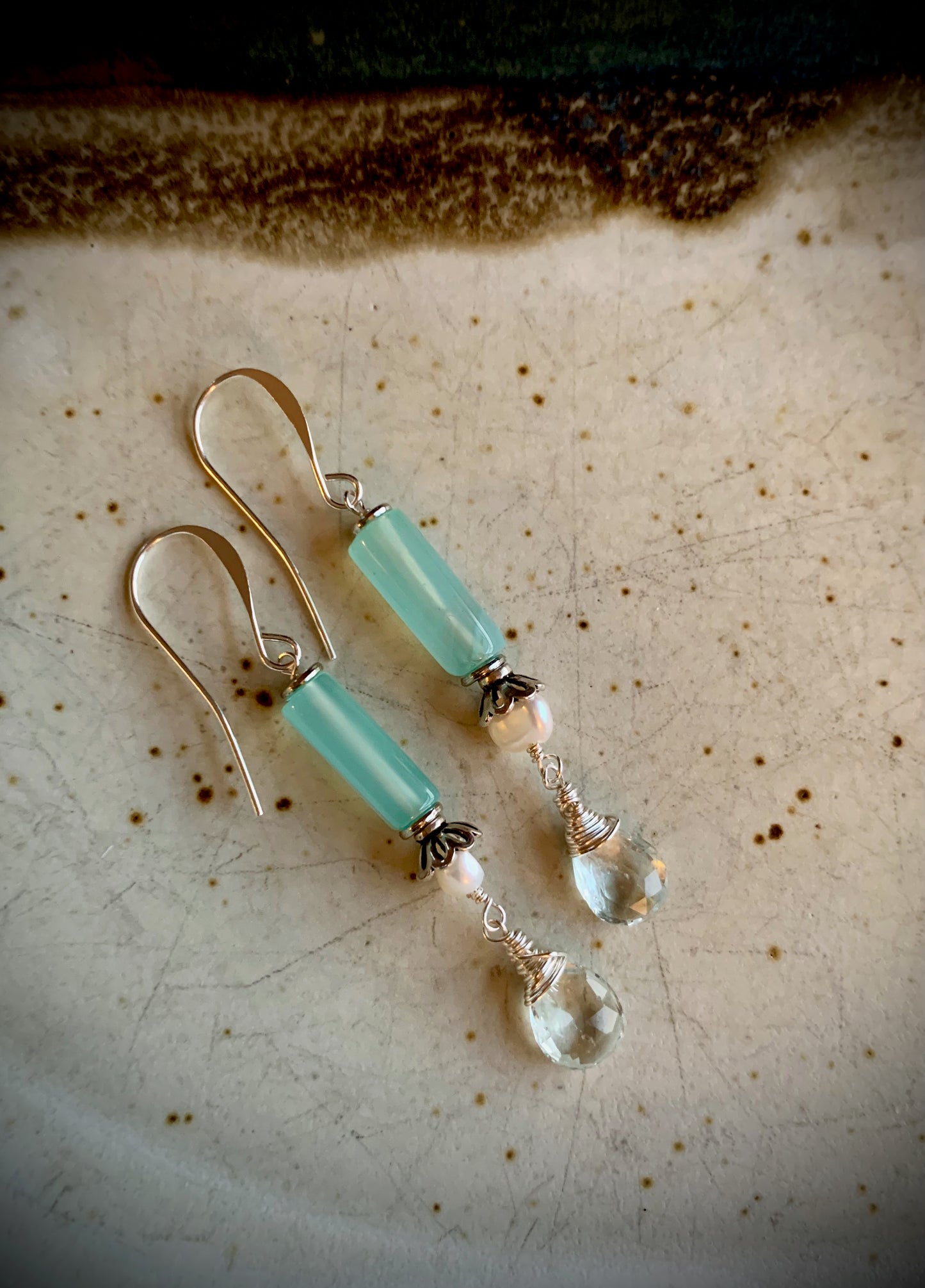 Cielo Earrings - Blue Chalcedony, Pearl, and Aquamarine