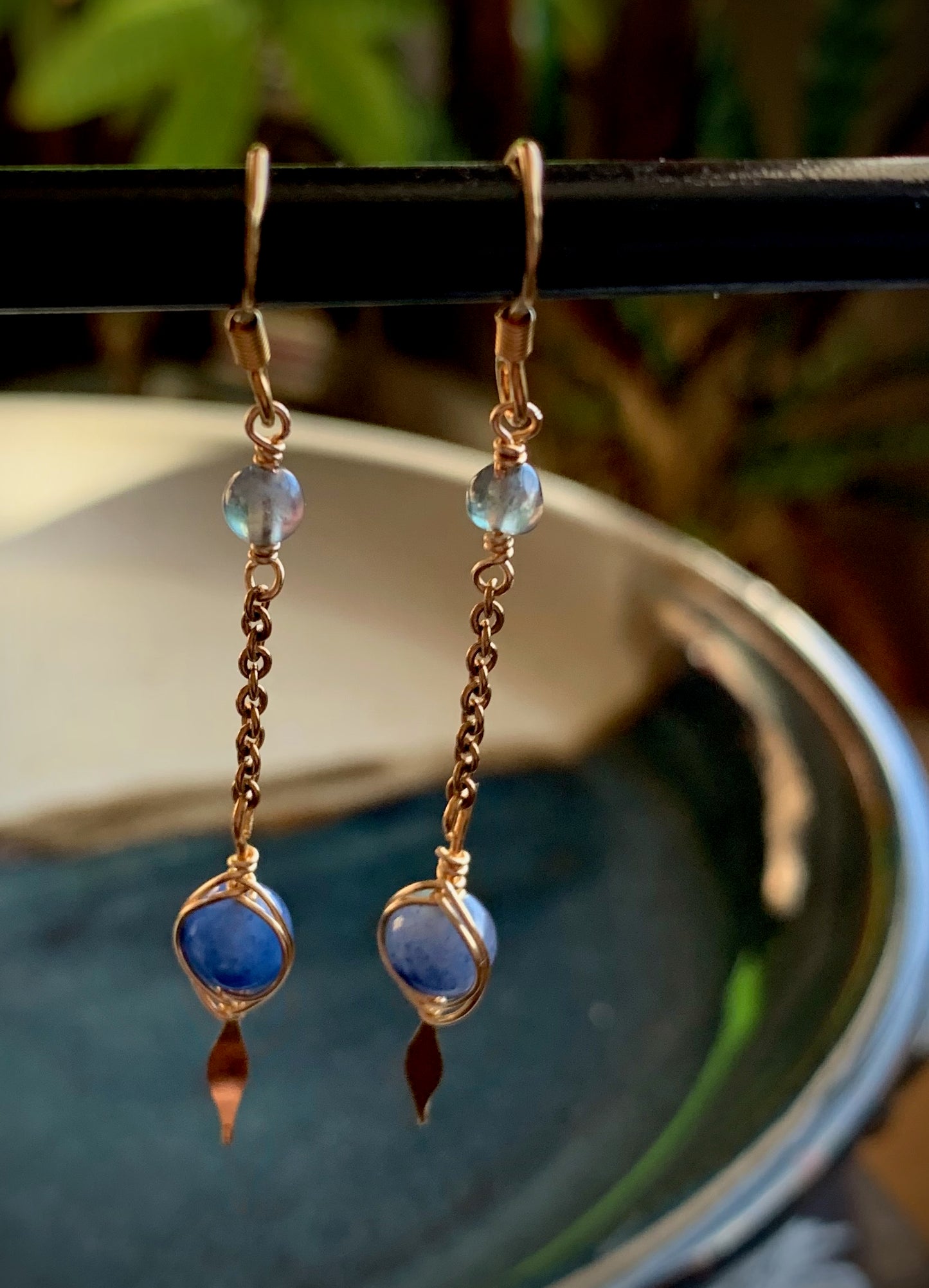 Blue Aventurine and Fluorite Herringbone Wrapped Drop Earrings