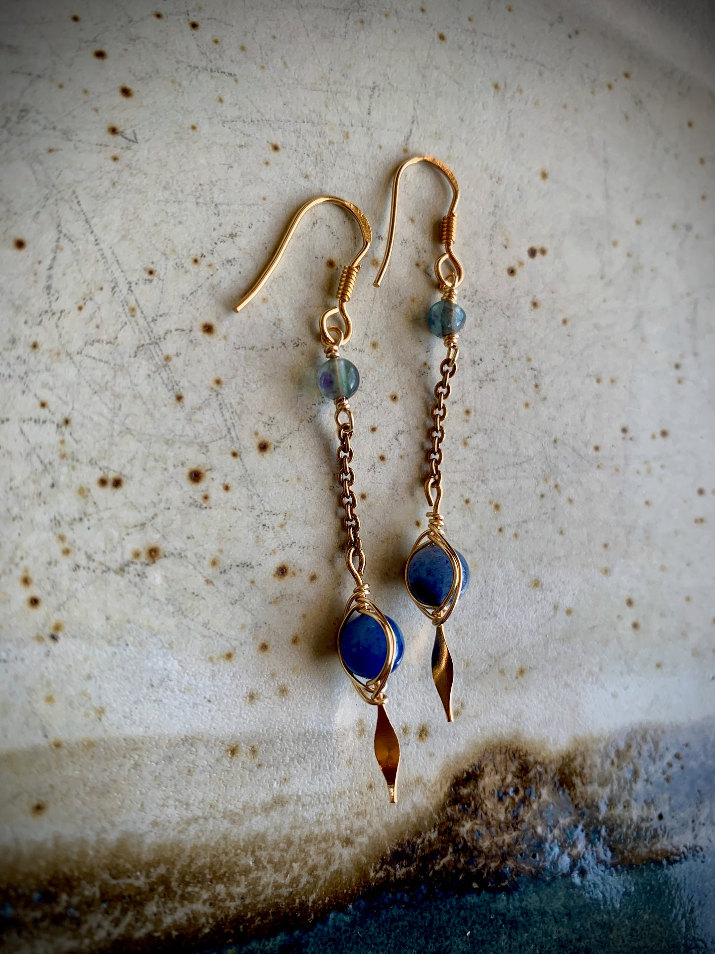 Blue Aventurine and Fluorite Herringbone Wrapped Drop Earrings