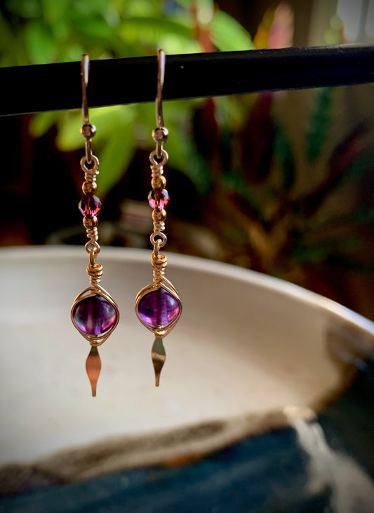 Reina Earrings - Amethyst and Crystal Herringbone Wrapped