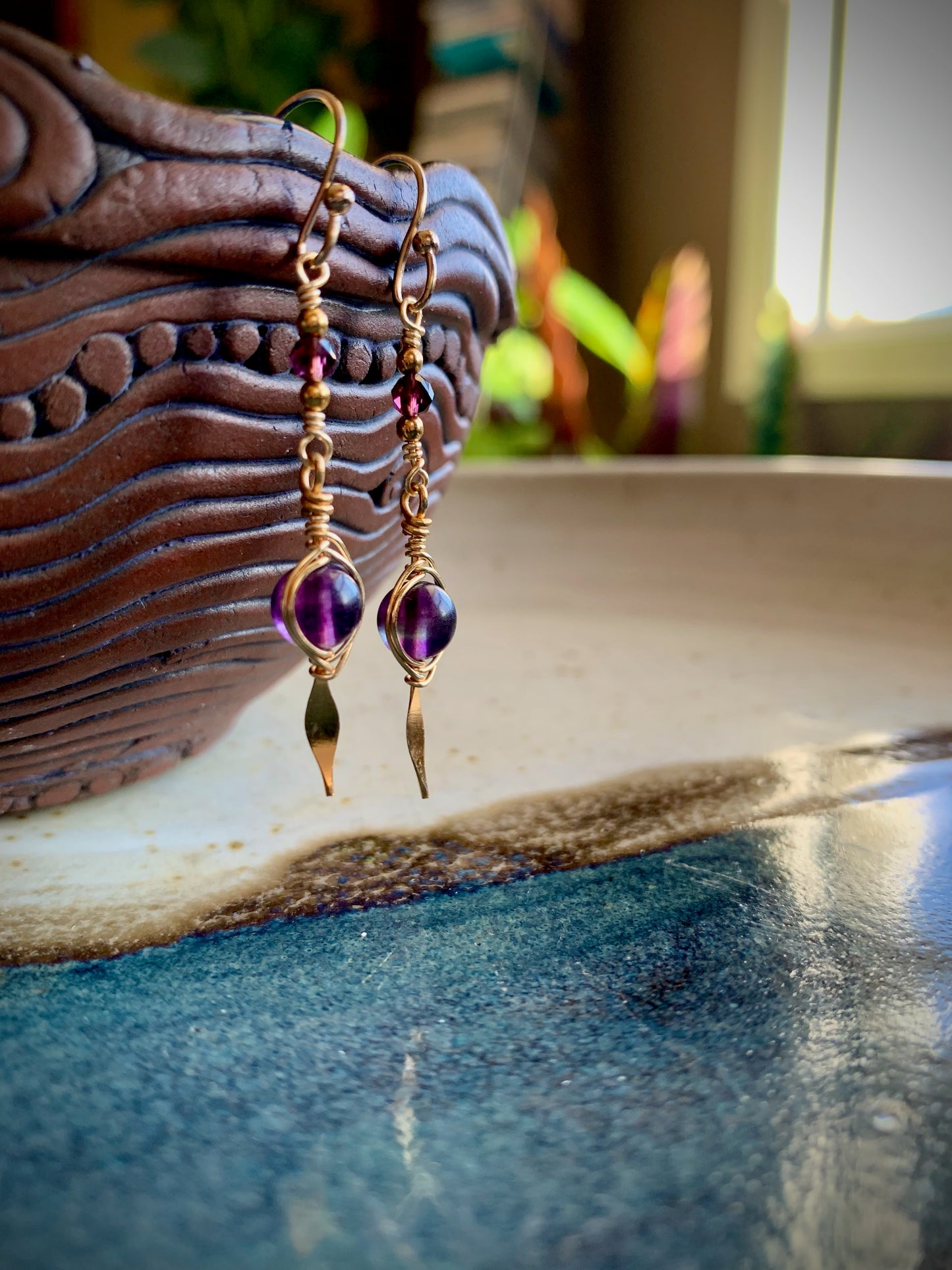 Reina Earrings - Amethyst and Crystal Herringbone Wrapped