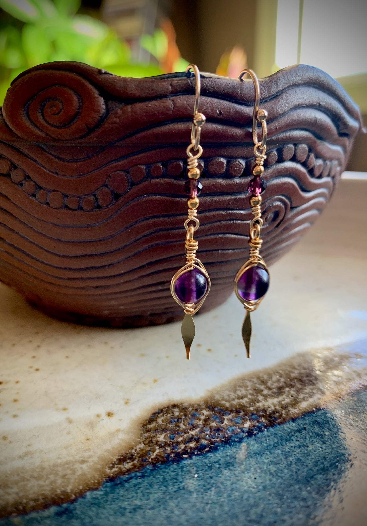 Reina Earrings - Amethyst and Crystal Herringbone Wrapped