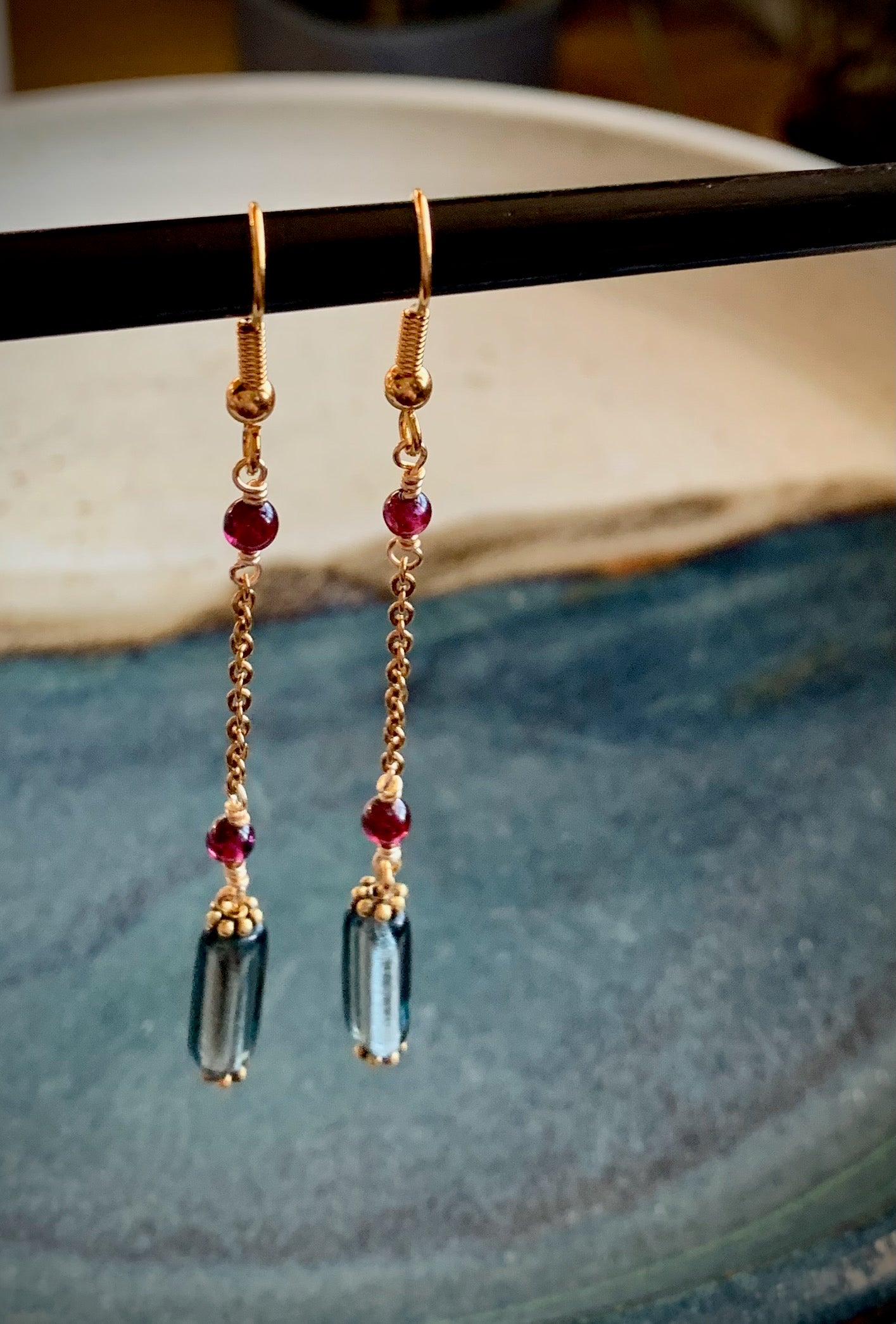 Amor Earrings - Blue Topaz with Garnet Drop