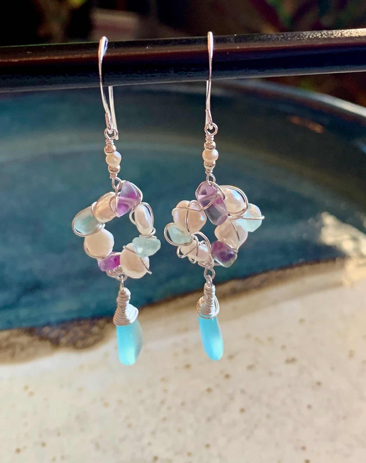 Aqua Chalcedony Drop Earrings with Pearl, Fluorite, Aquamarine Cluster Earring