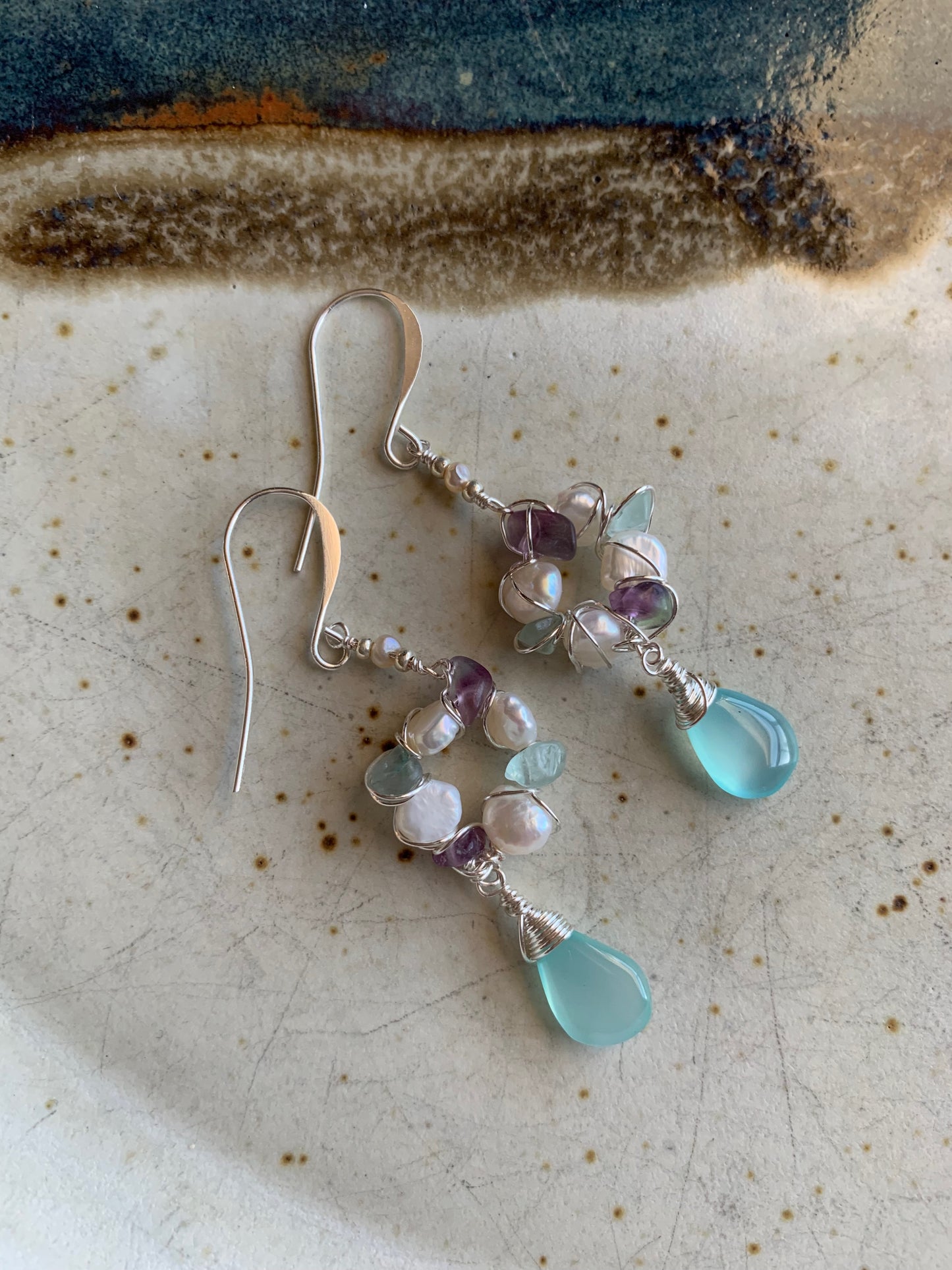 Aqua Chalcedony Drop Earrings with Pearl, Fluorite, Aquamarine Cluster Earring