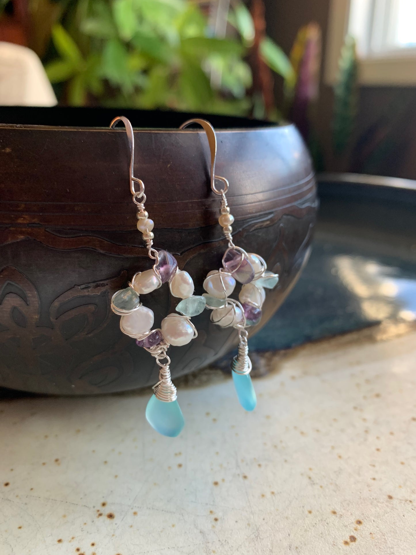 Aqua Chalcedony Drop Earrings with Pearl, Fluorite, Aquamarine Cluster Earring