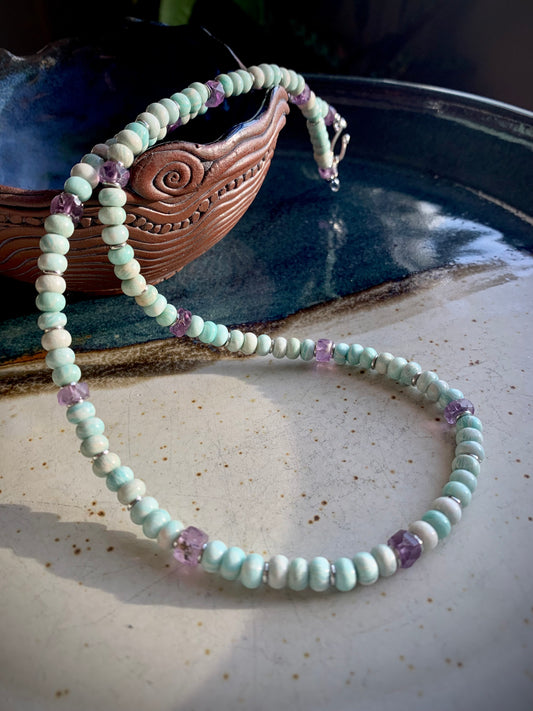 Amazonite Rondelle and Amethyst Necklace