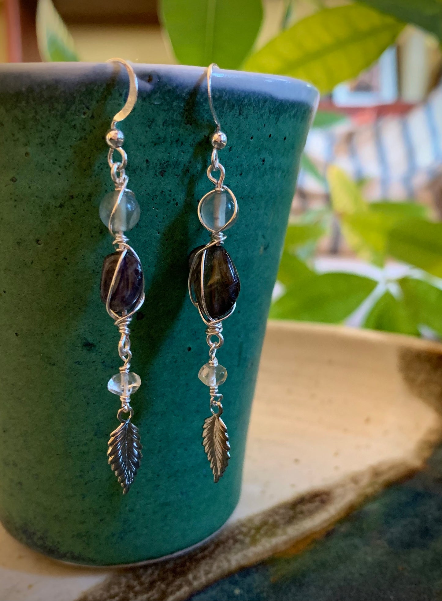 Hoja Earrings - Iolite, Aquamarine, and Moonstone Silver Leaf Dangles