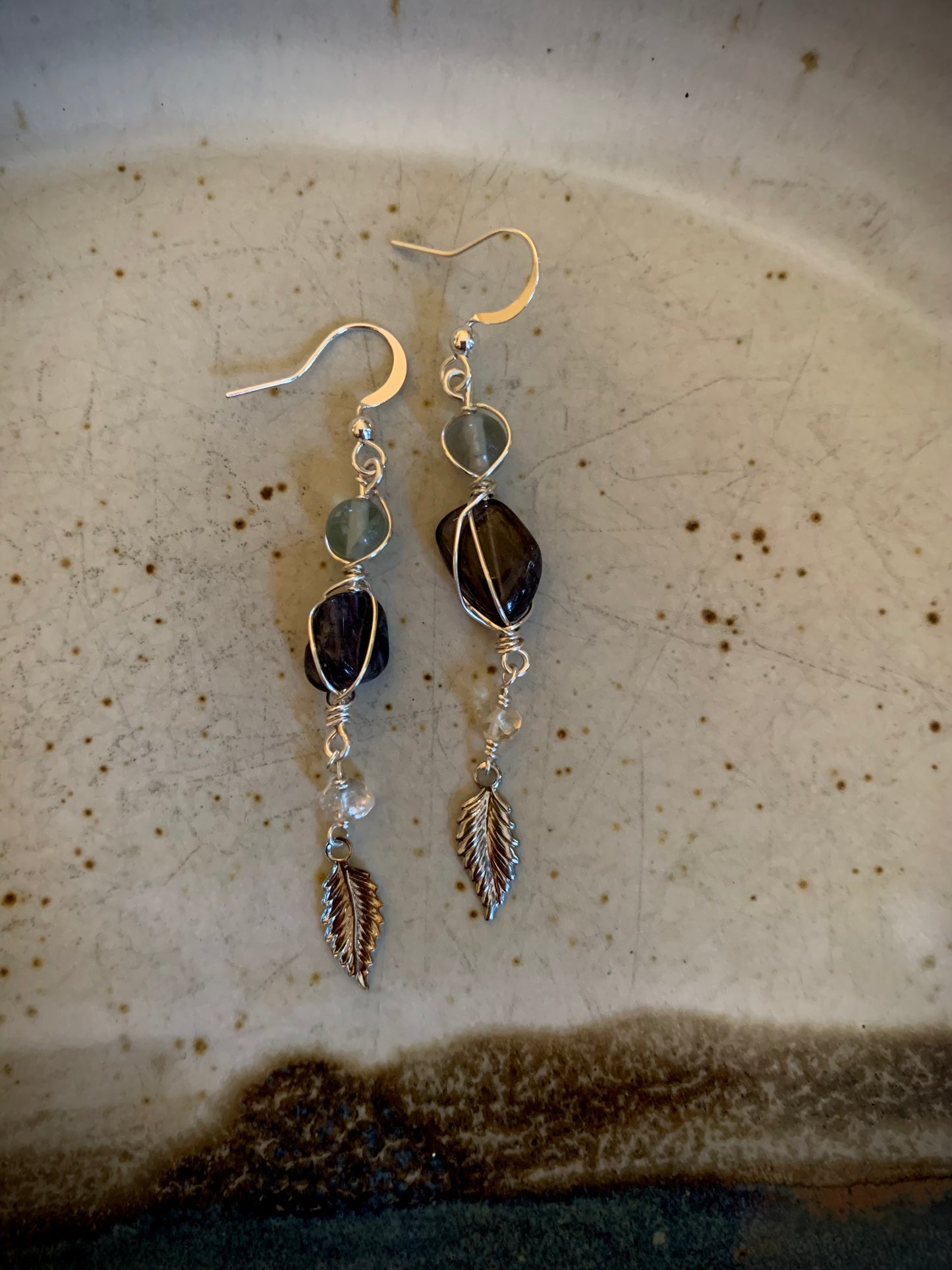 Hoja Earrings - Iolite, Aquamarine, and Moonstone Silver Leaf Dangles