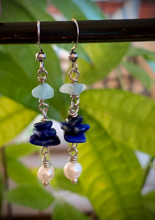 Lapis Lazuli, Pearl, and Aventurine Earrings