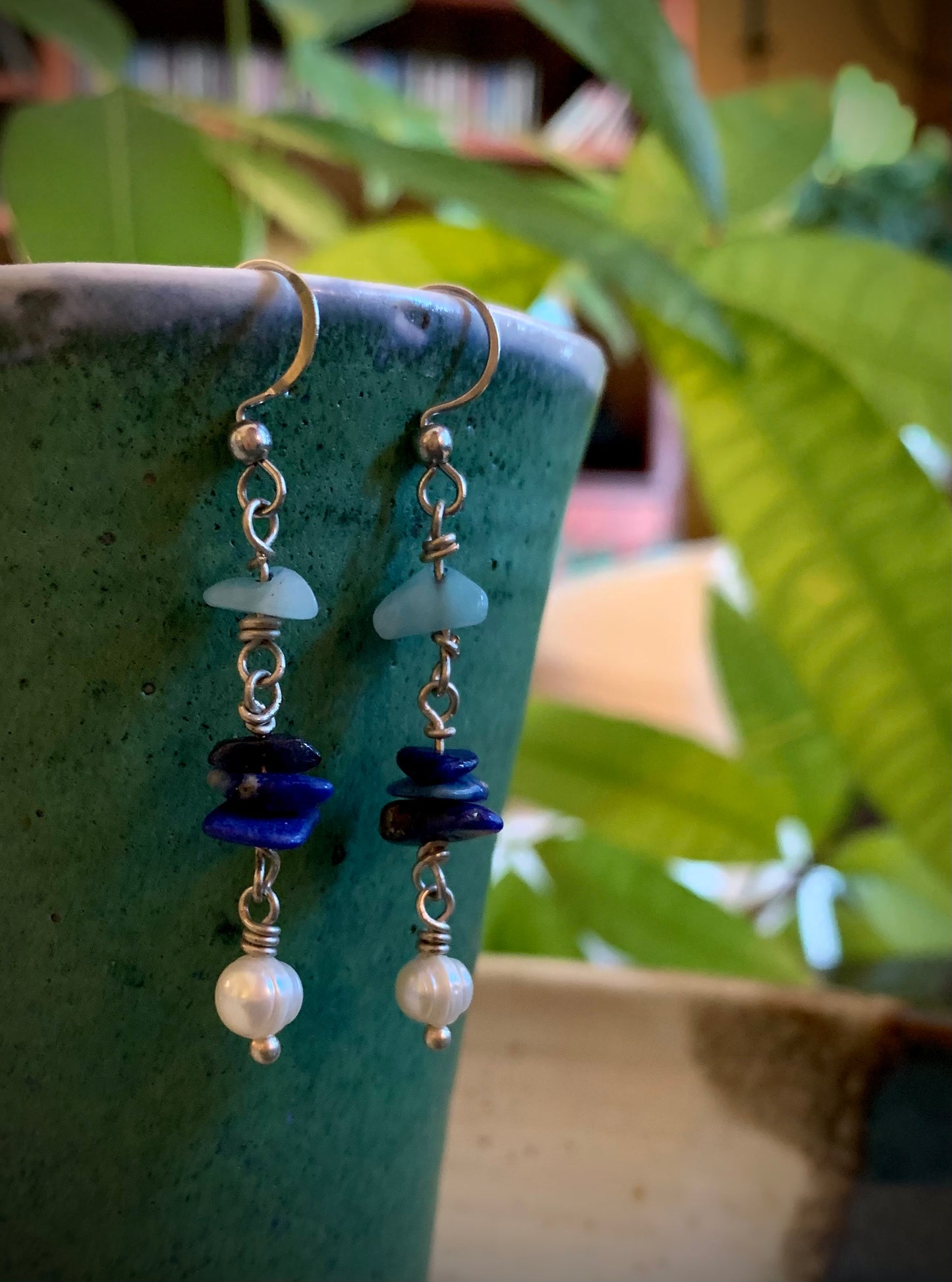 Lapis Lazuli, Pearl, and Aventurine Earrings