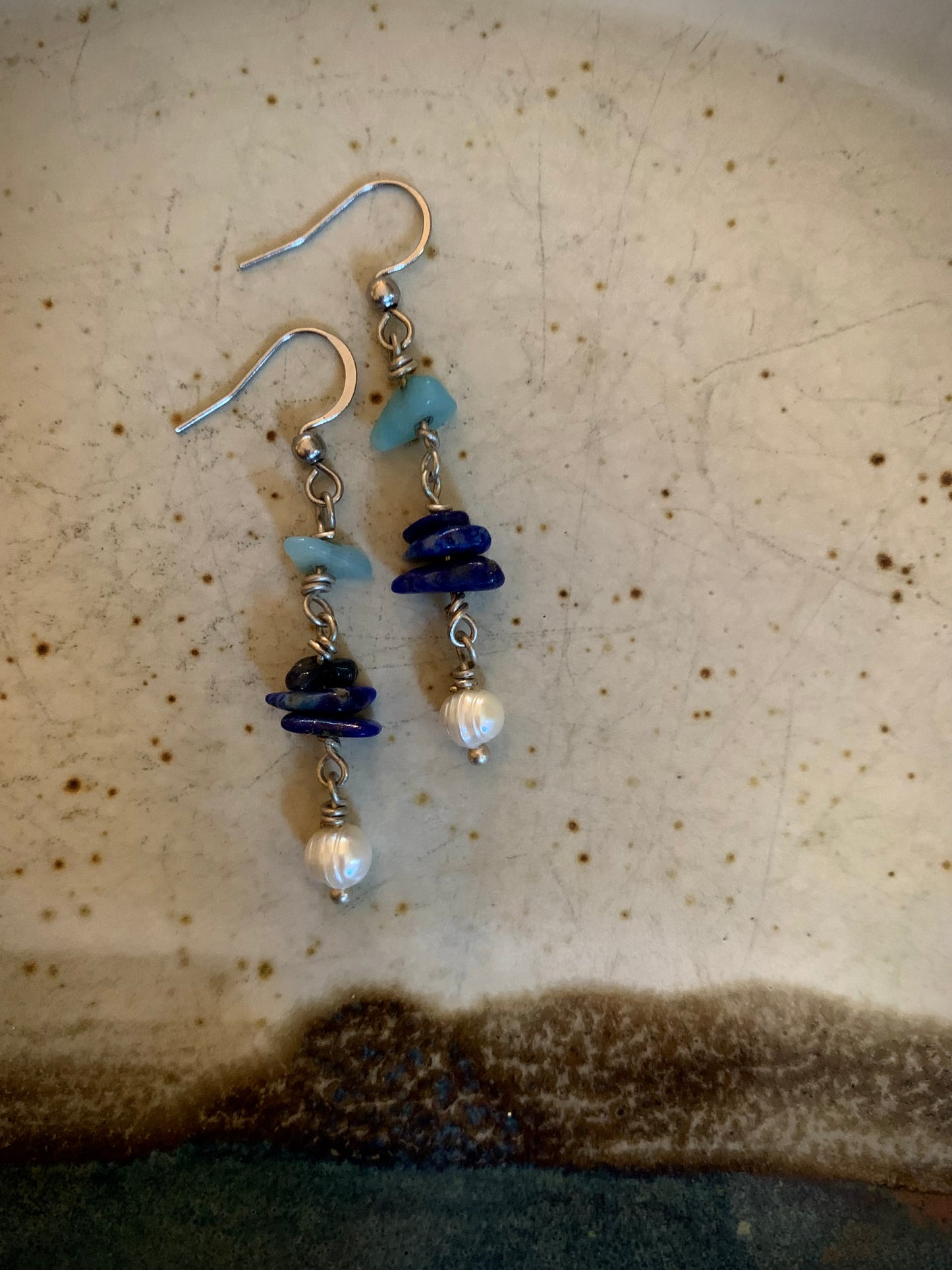 Lapis Lazuli, Pearl, and Aventurine Earrings