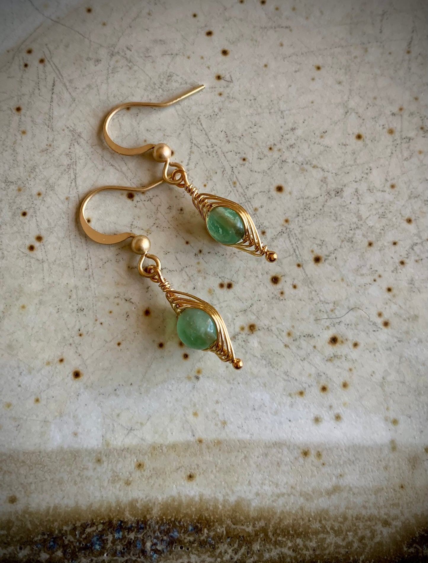 Esperanza Earrings - Green Aventurine Herringbone Gold Wire Wrapped