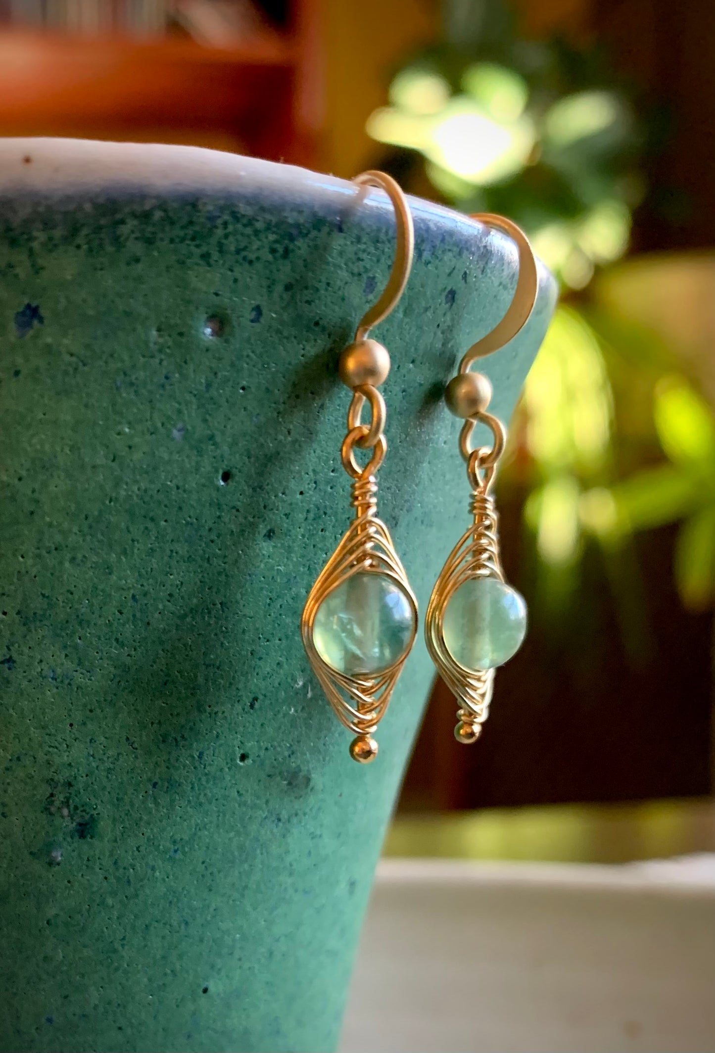 Esperanza Earrings - Green Aventurine Herringbone Gold Wire Wrapped