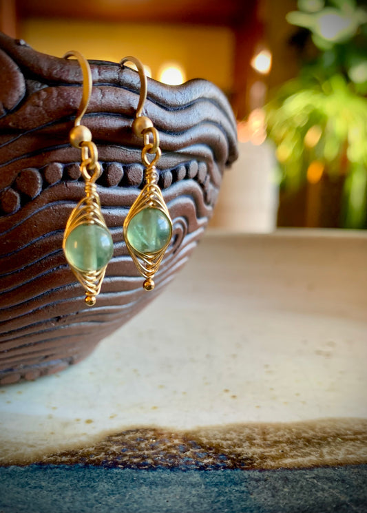 Esperanza Earrings - Green Aventurine Herringbone Gold Wire Wrapped