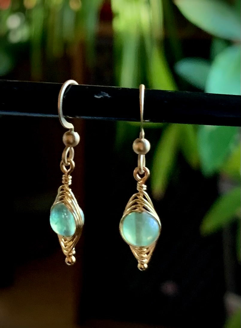 Esperanza Earrings - Green Aventurine Herringbone Gold Wire Wrapped