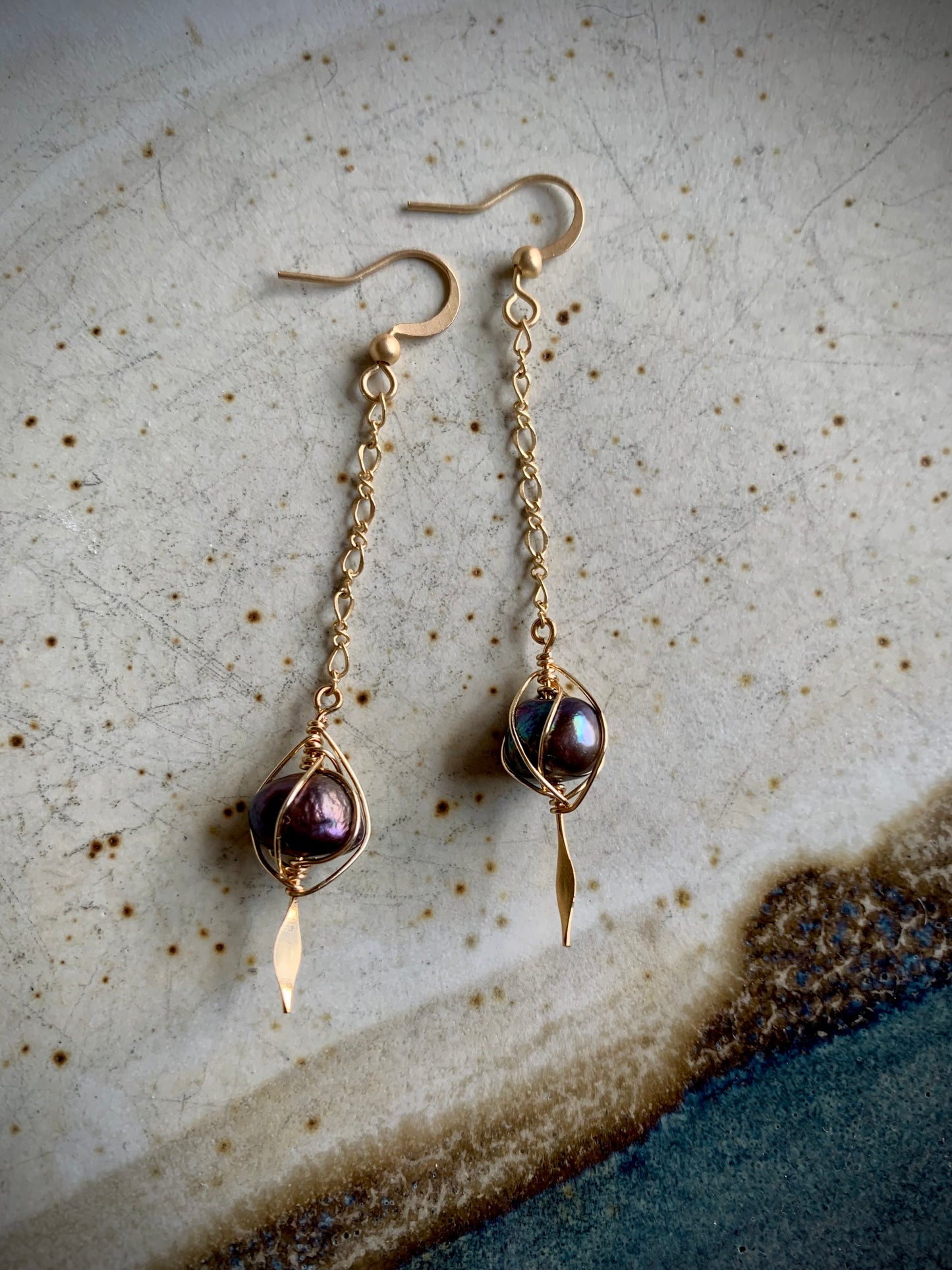 Pearl and Gold Wire Wrapped Drop Earrings