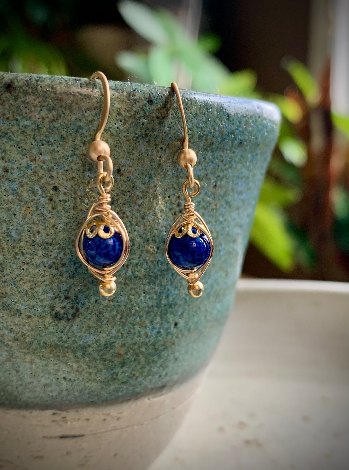 Elegancia Earrings - Gold Herringbone Wire Wrapped Blue Porcelain