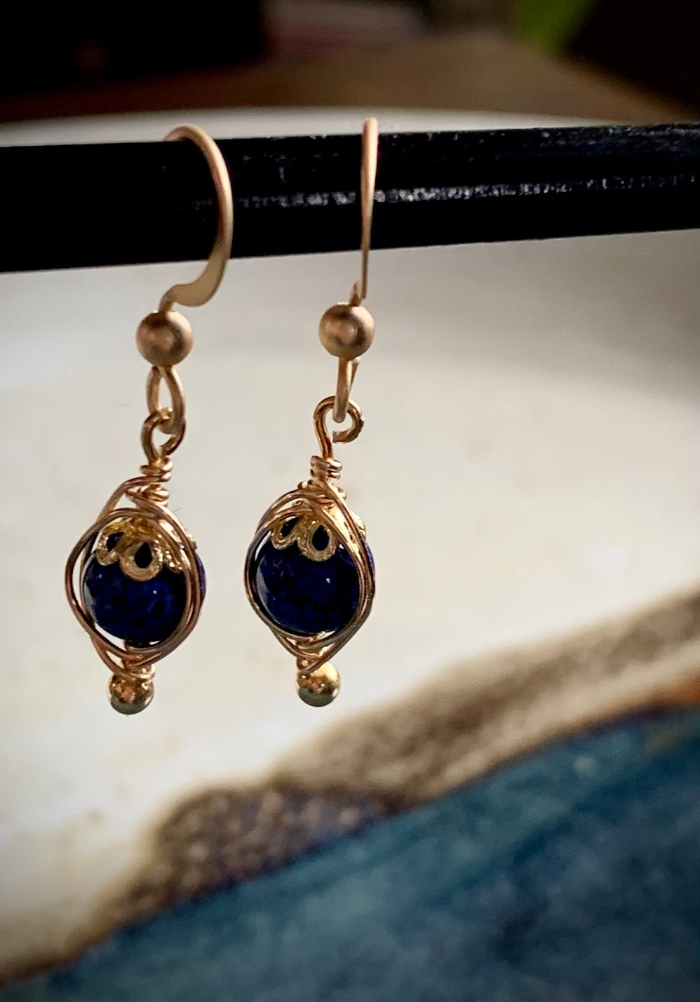 Elegancia Earrings - Gold Herringbone Wire Wrapped Blue Porcelain