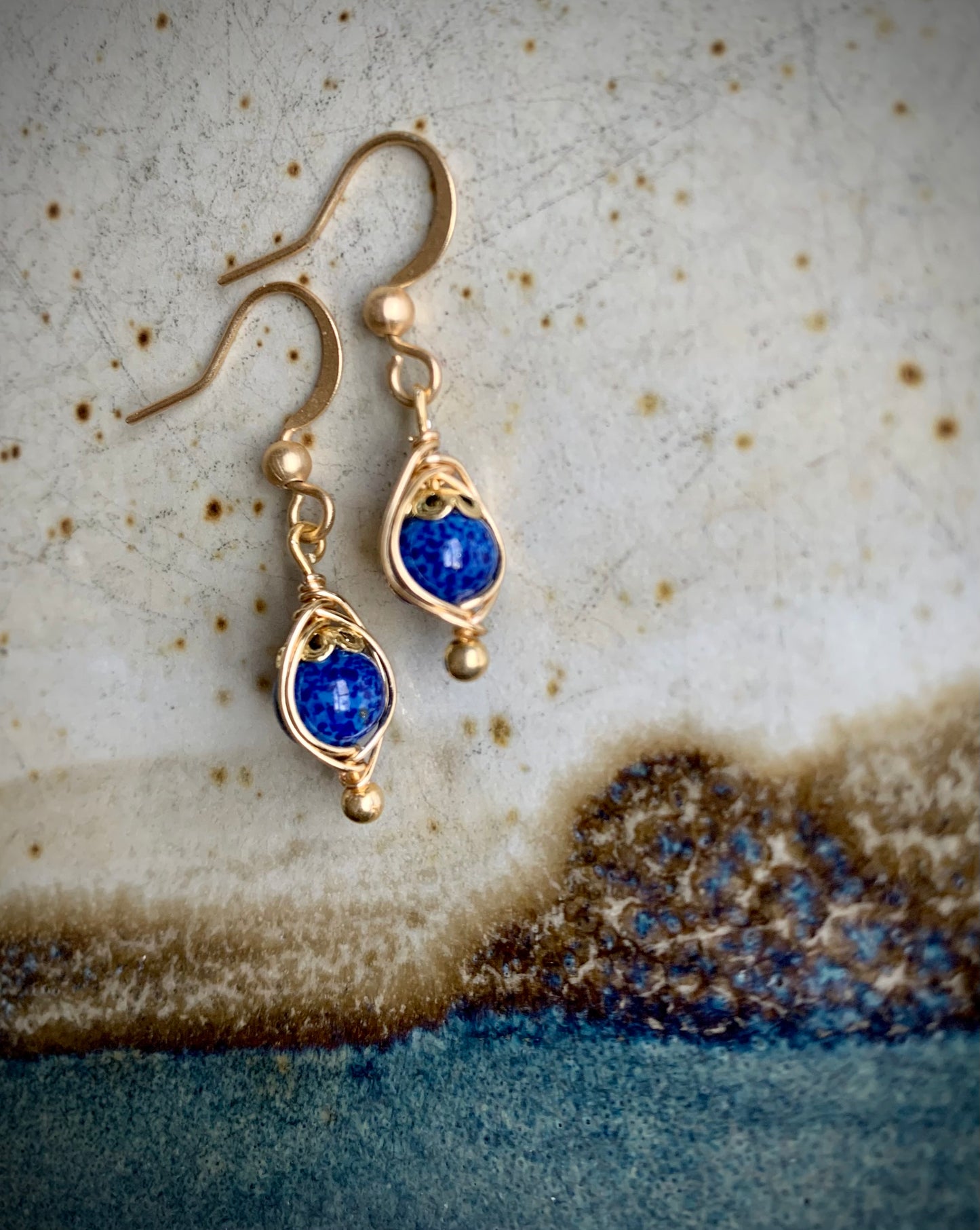 Elegancia Earrings - Gold Herringbone Wire Wrapped Blue Porcelain