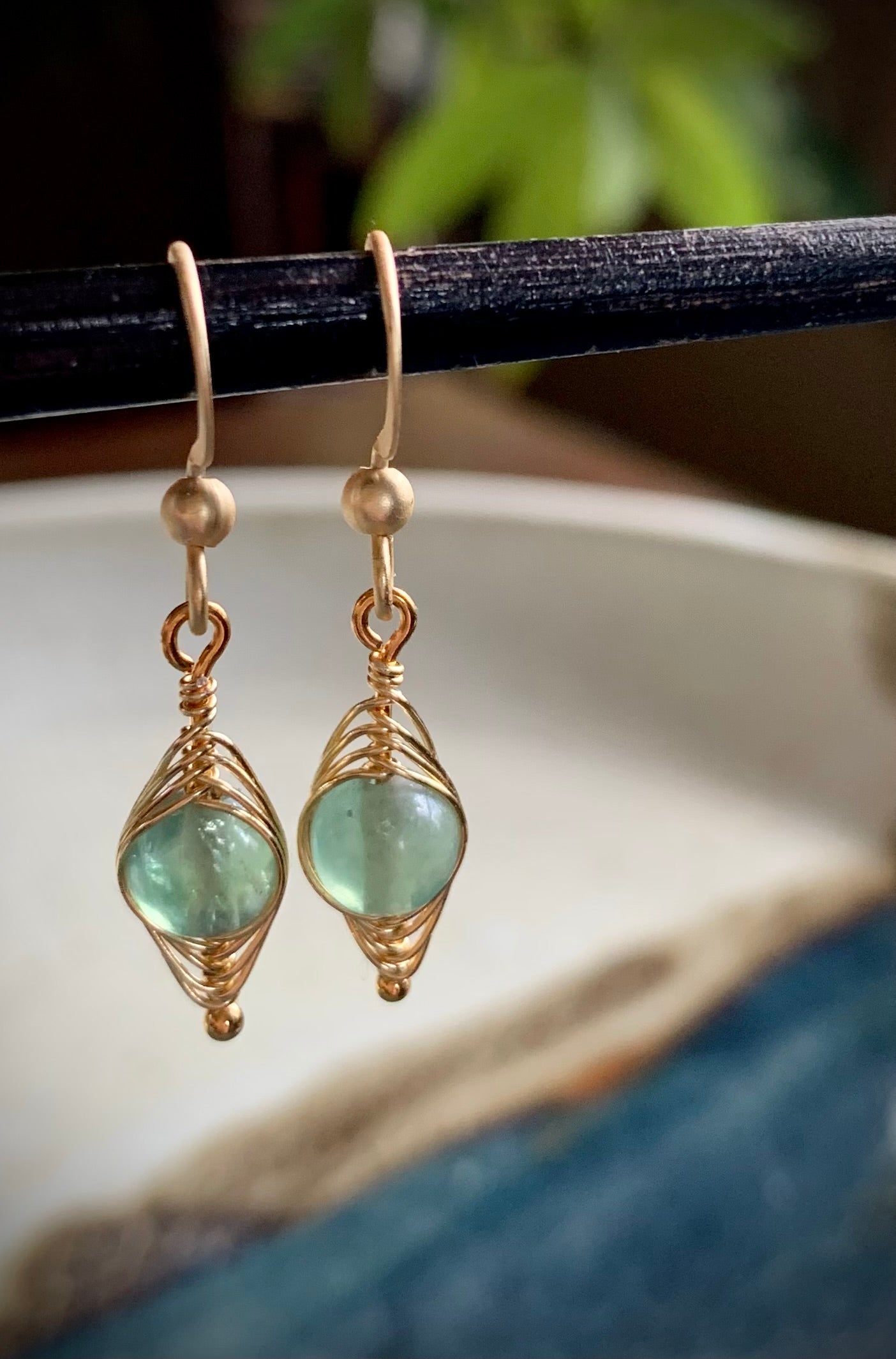 Esperanza Earrings - Green Aventurine Herringbone Gold Wire Wrapped