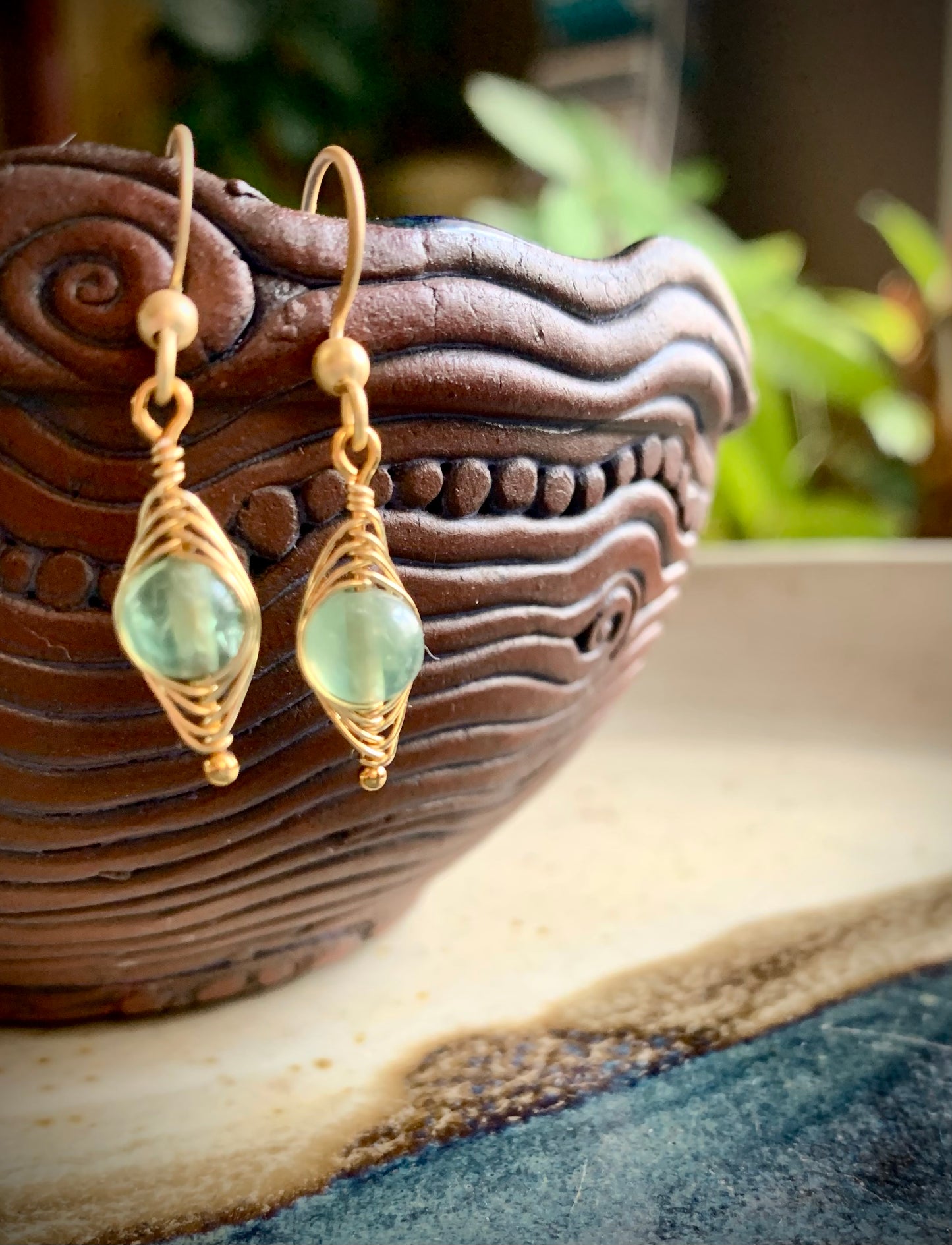 Esperanza Earrings - Green Aventurine Herringbone Gold Wire Wrapped