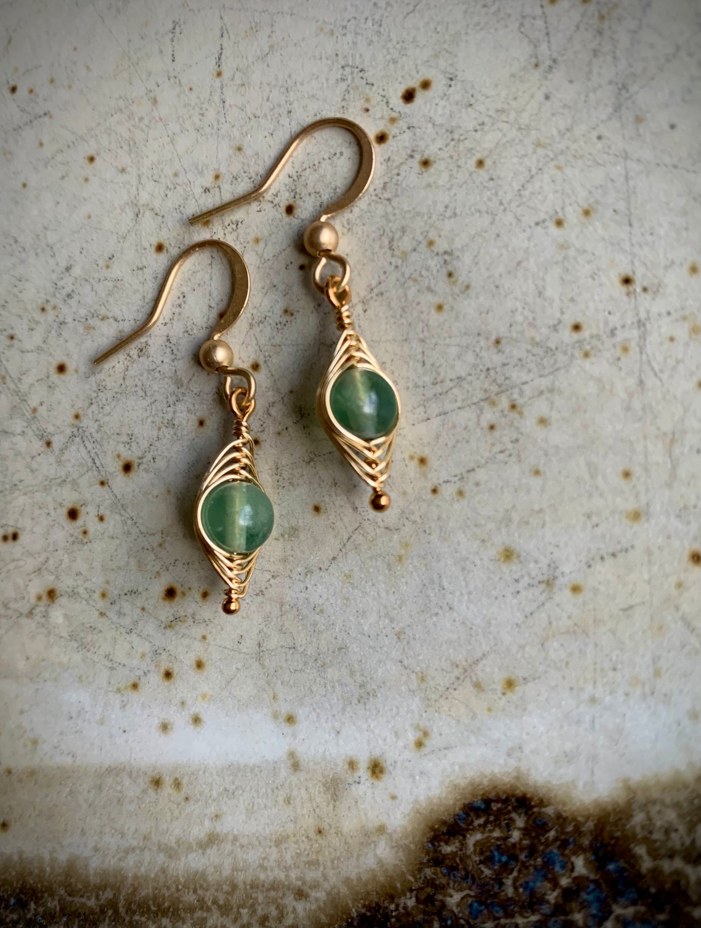 Esperanza Earrings - Green Aventurine Herringbone Gold Wire Wrapped