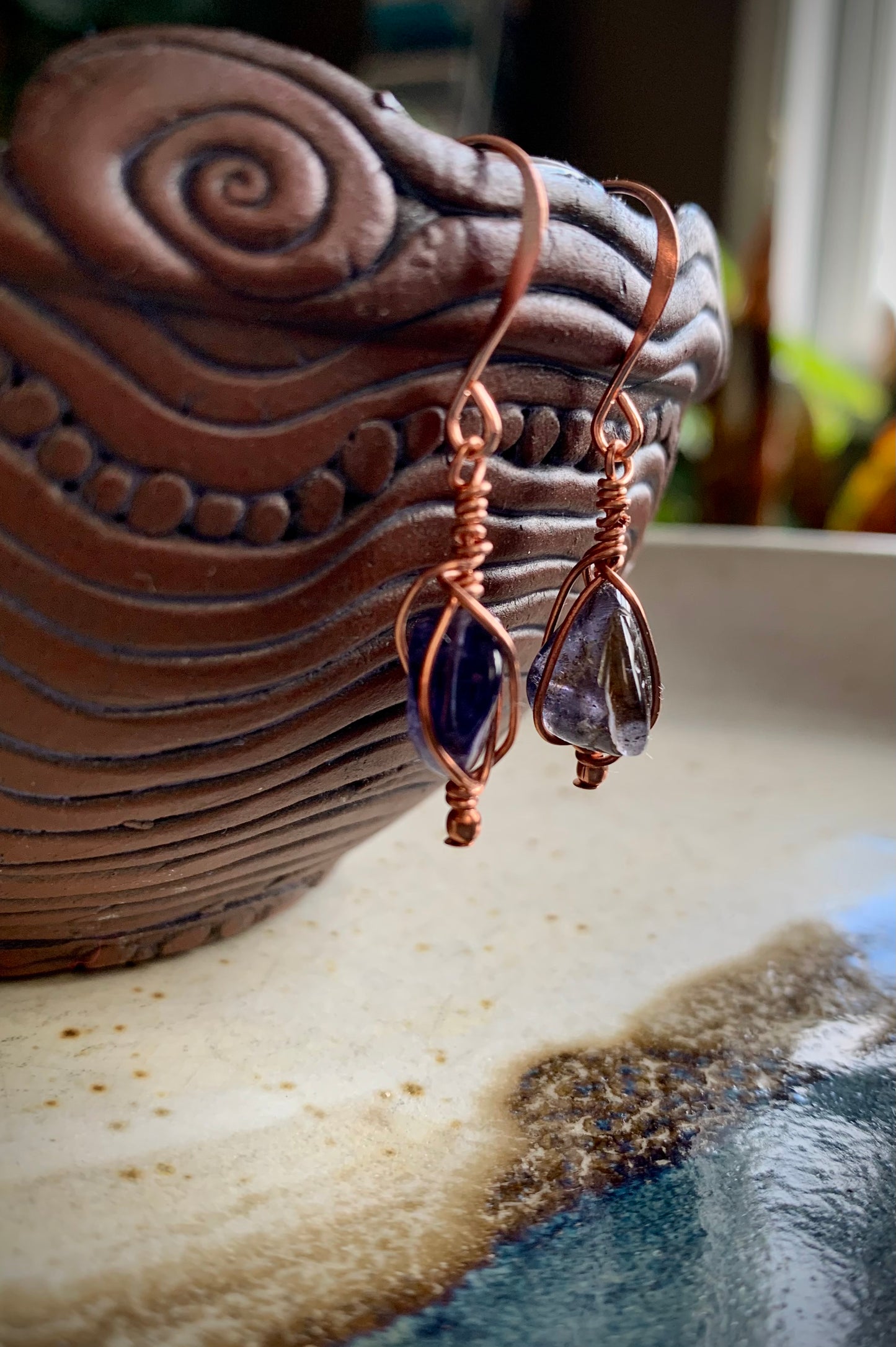 Tierra Earrings - Iolite and Copper Wire Wrapped