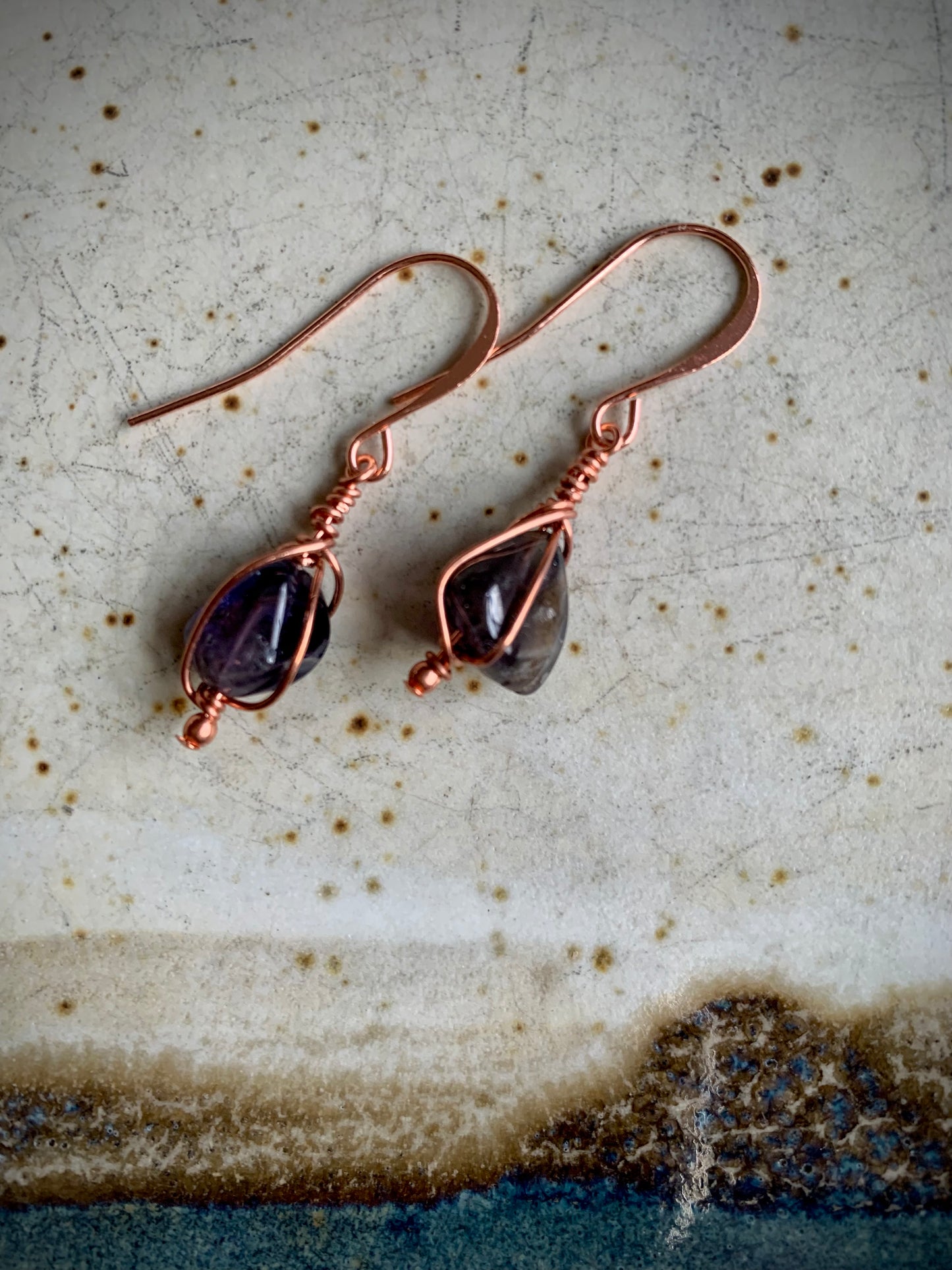 Tierra Earrings - Iolite and Copper Wire Wrapped