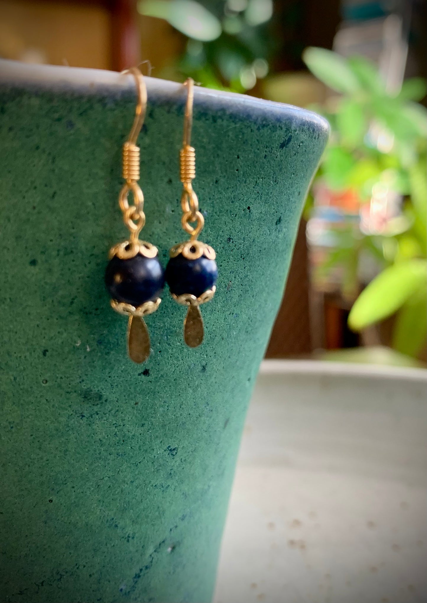 Onyx and Gold Bell Cap Earrings