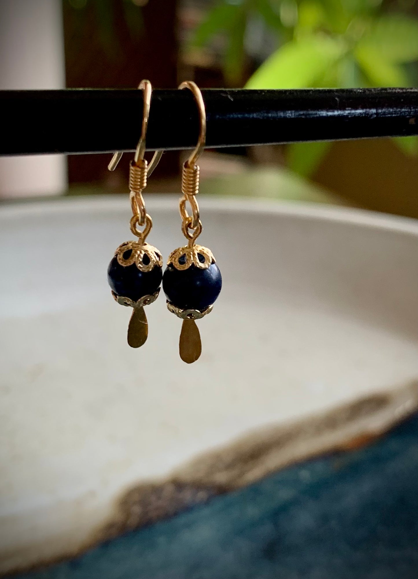 Onyx and Gold Bell Cap Earrings