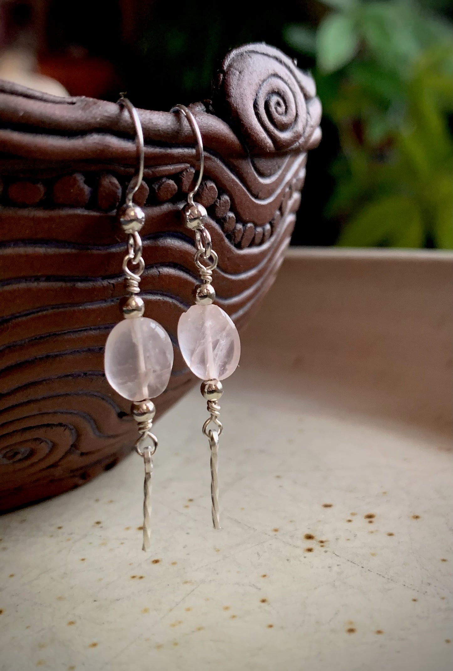 Rosa Earrings - Rose Quartz with silver twist