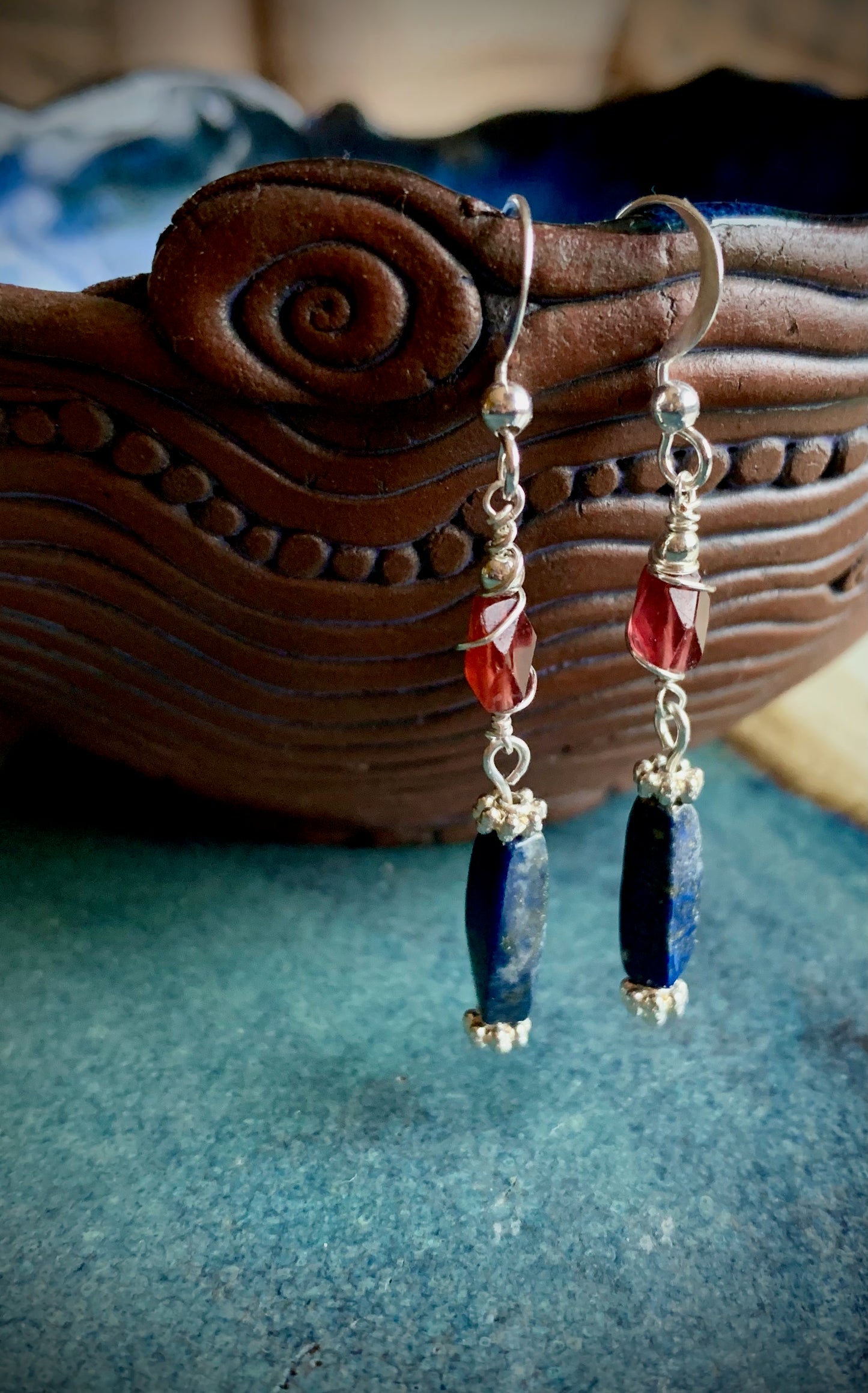 Risa Earrings - Garnet and Lapis Lazuli