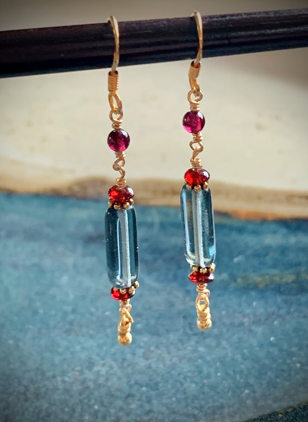 Mariposa Earrings - Blue Topaz and Garnet